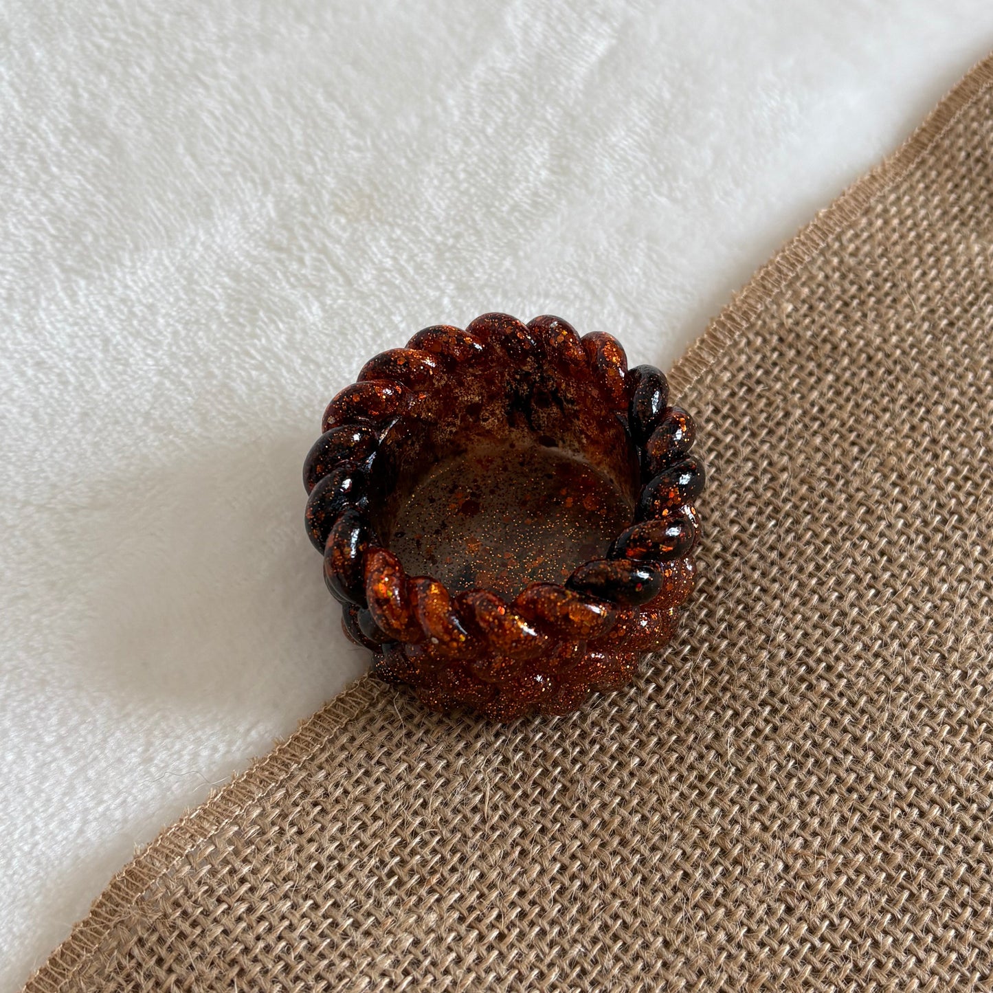 Glossy orange and black resin tealight holder, handmade home accent