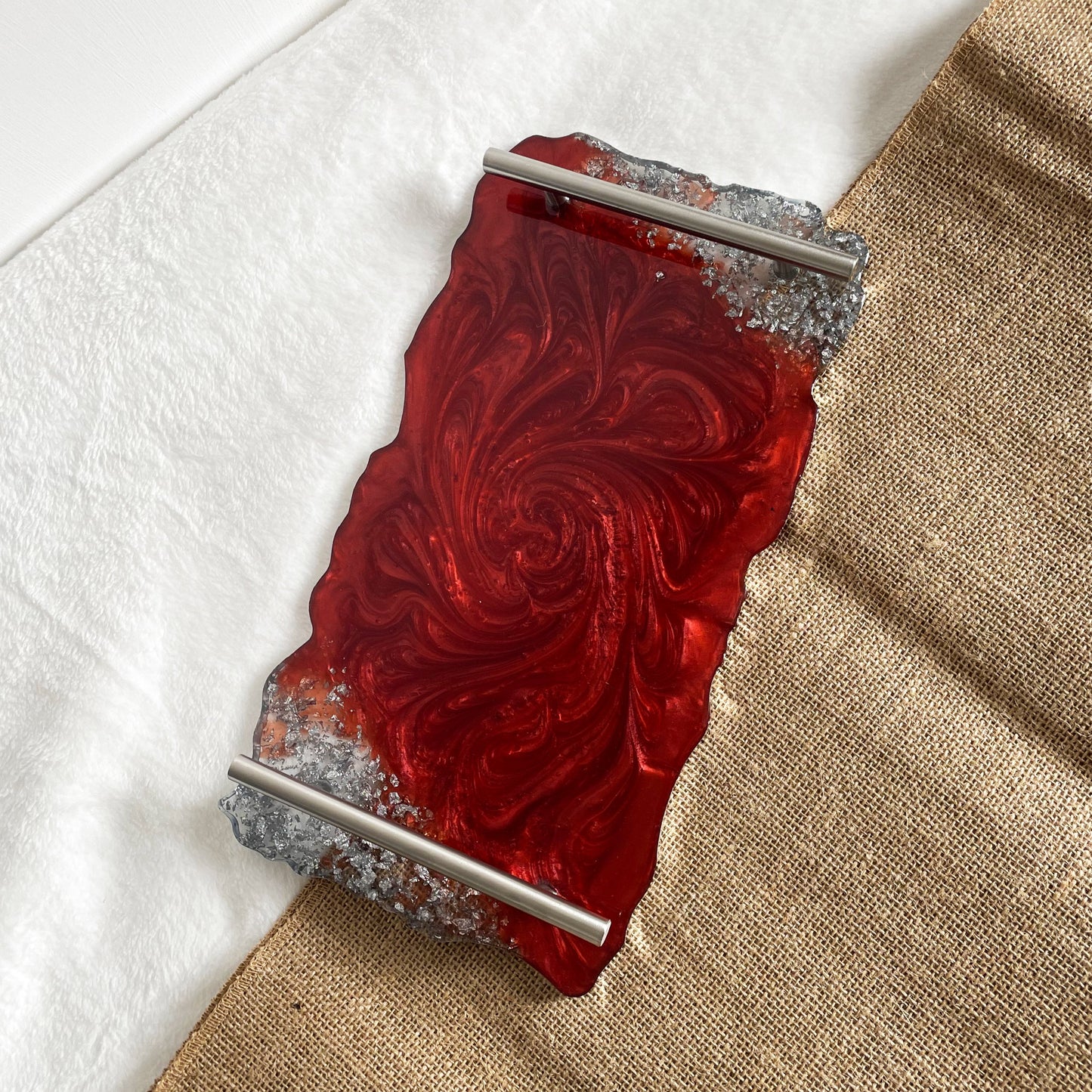 Glossy red silver resin decorative tray, handmade home décor piece