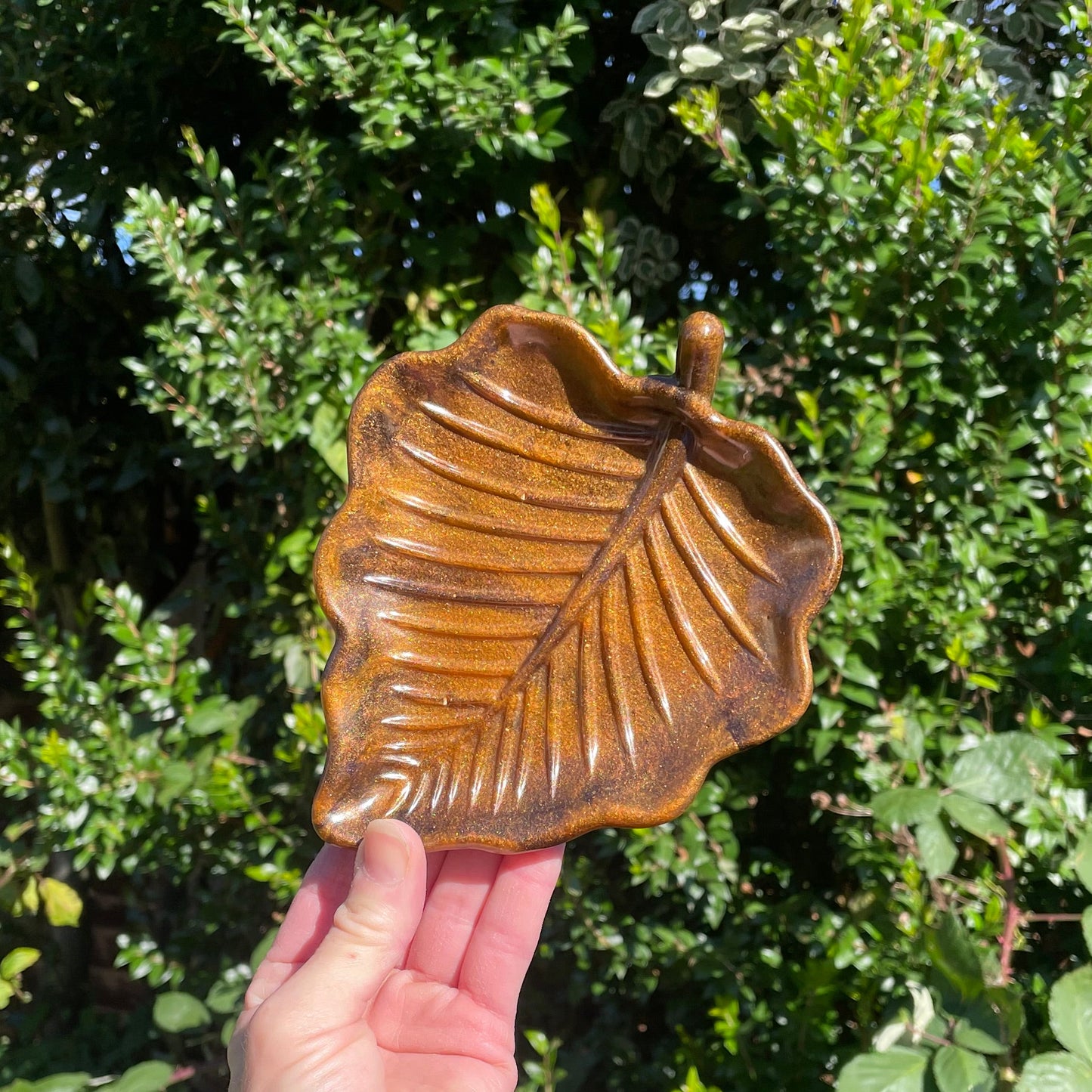 Autumn brown leaf-shaped resin tray handmade