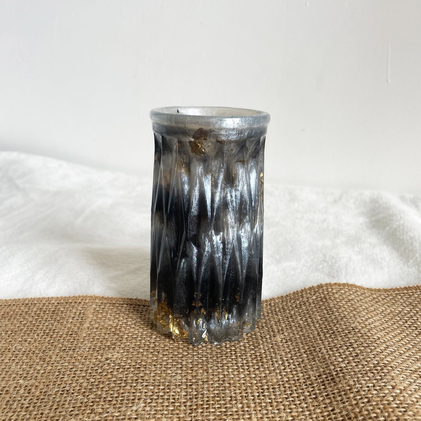 Black and silver marble resin flower vase handmade with gold leaf