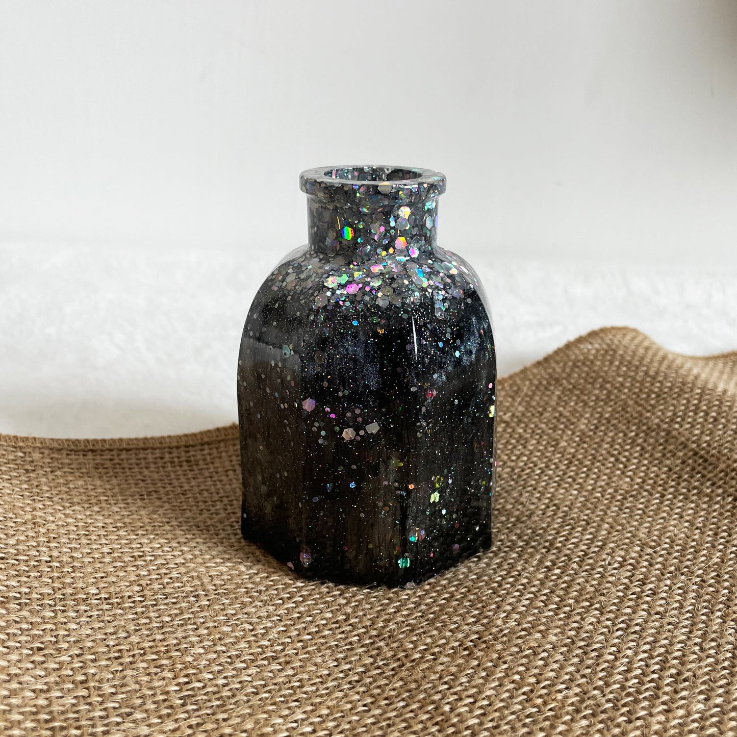 Black and silver resin vase handmade with glitter shimmer