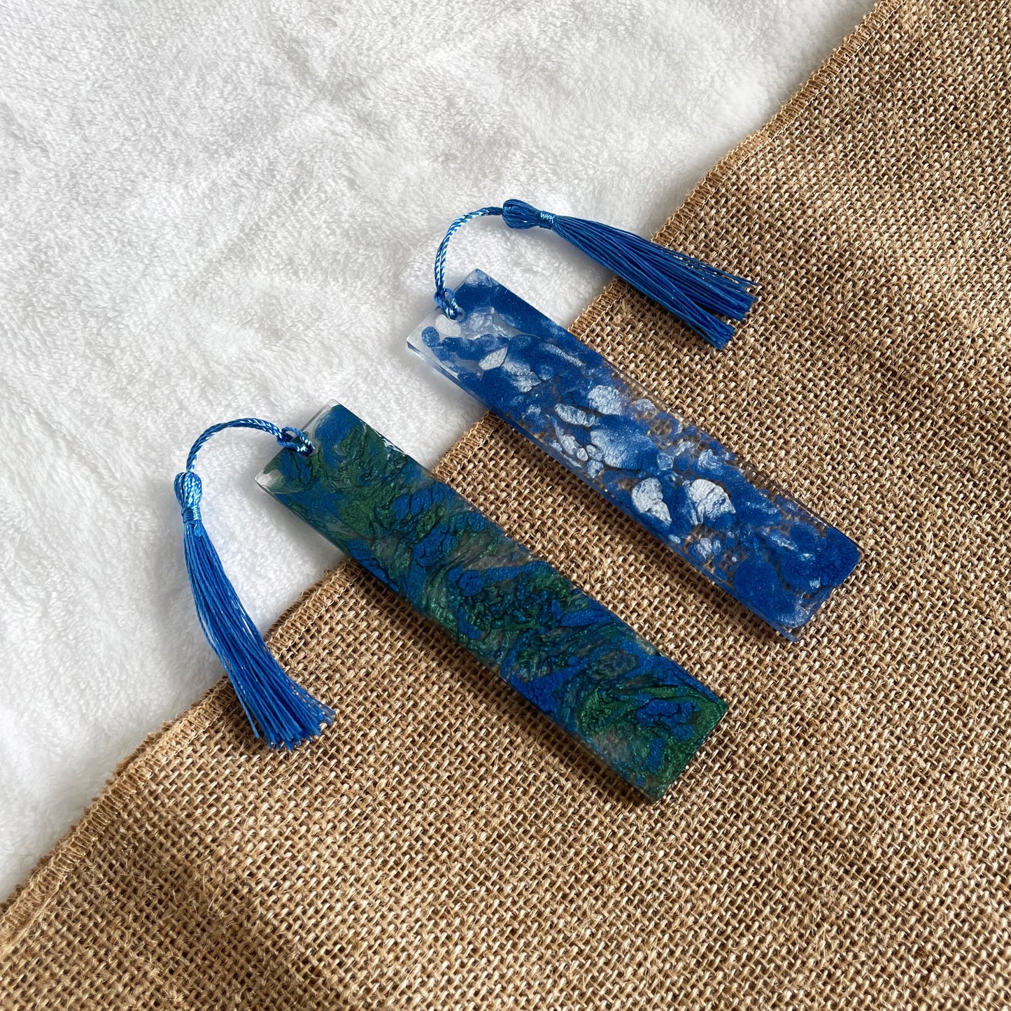 Blue green white resin bookmark, marble design, artisan handmade décor
