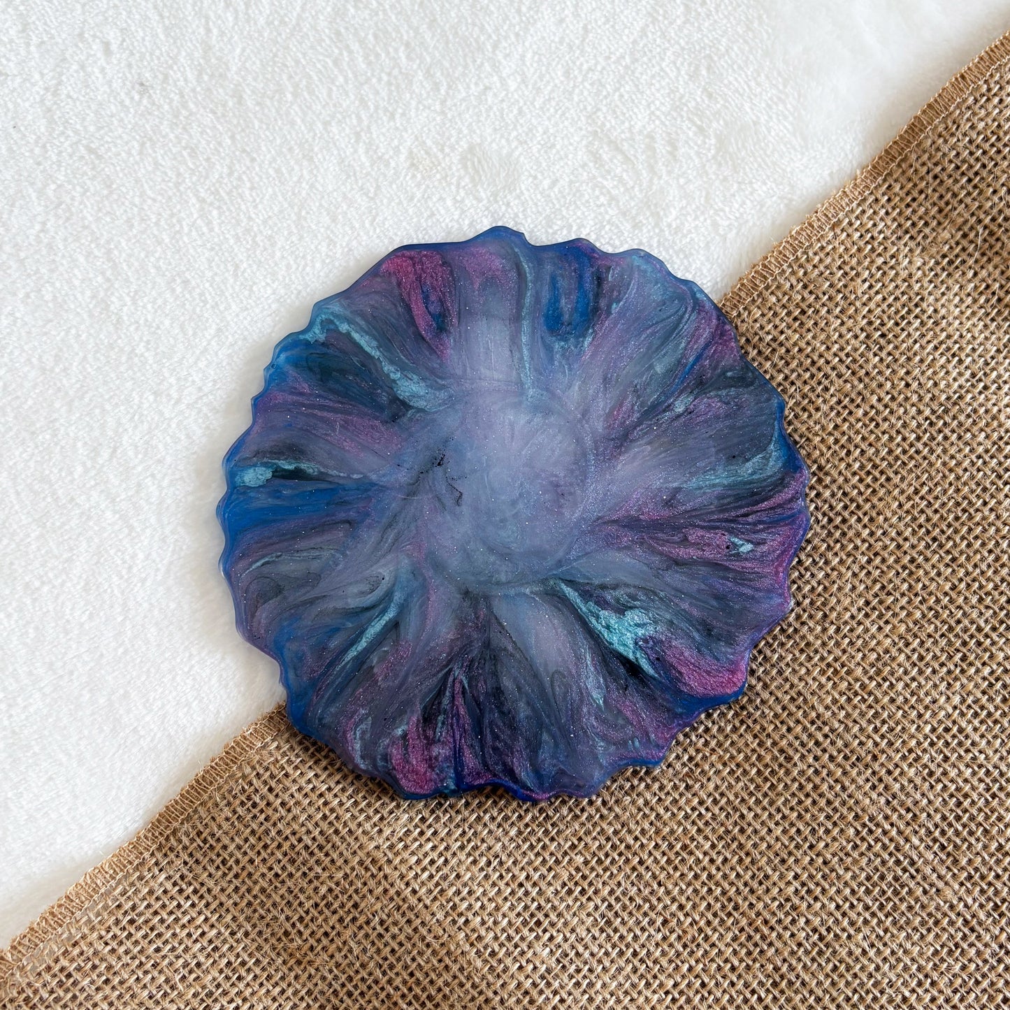 Blue and purple marbled resin coaster, handmade round table décor accent