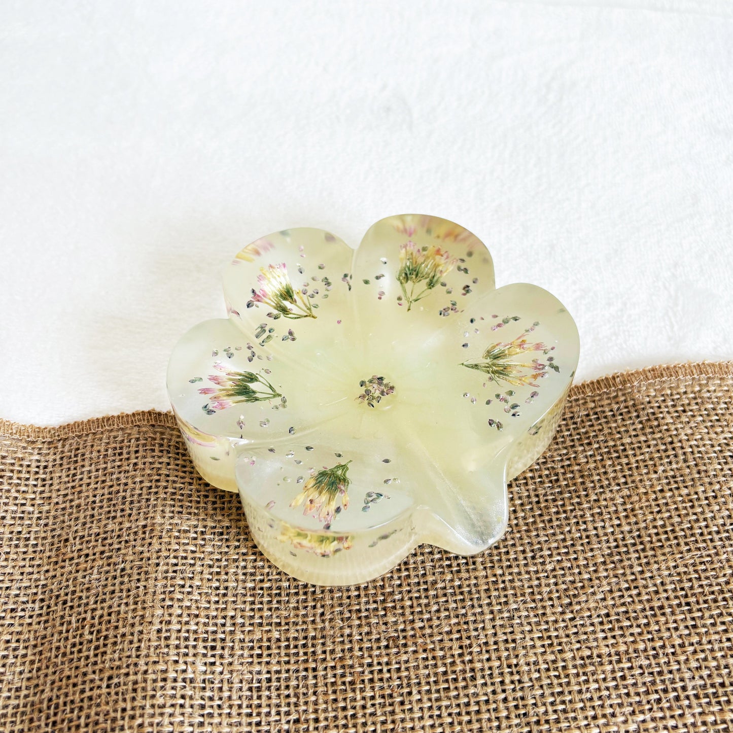 Clear resin soap dish featuring pressed flowers handmade