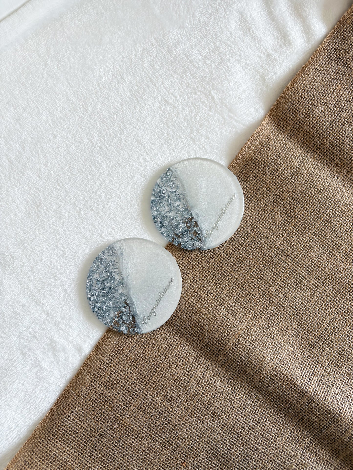 Elegant silver flake resin drink coaster, modern handmade table décor gift idea
