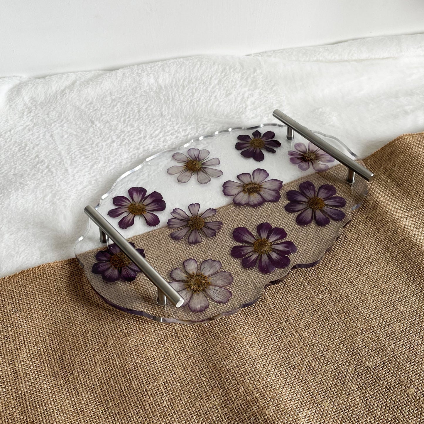 Handmade resin floral tray, real flowers in resin, unique home décor piece