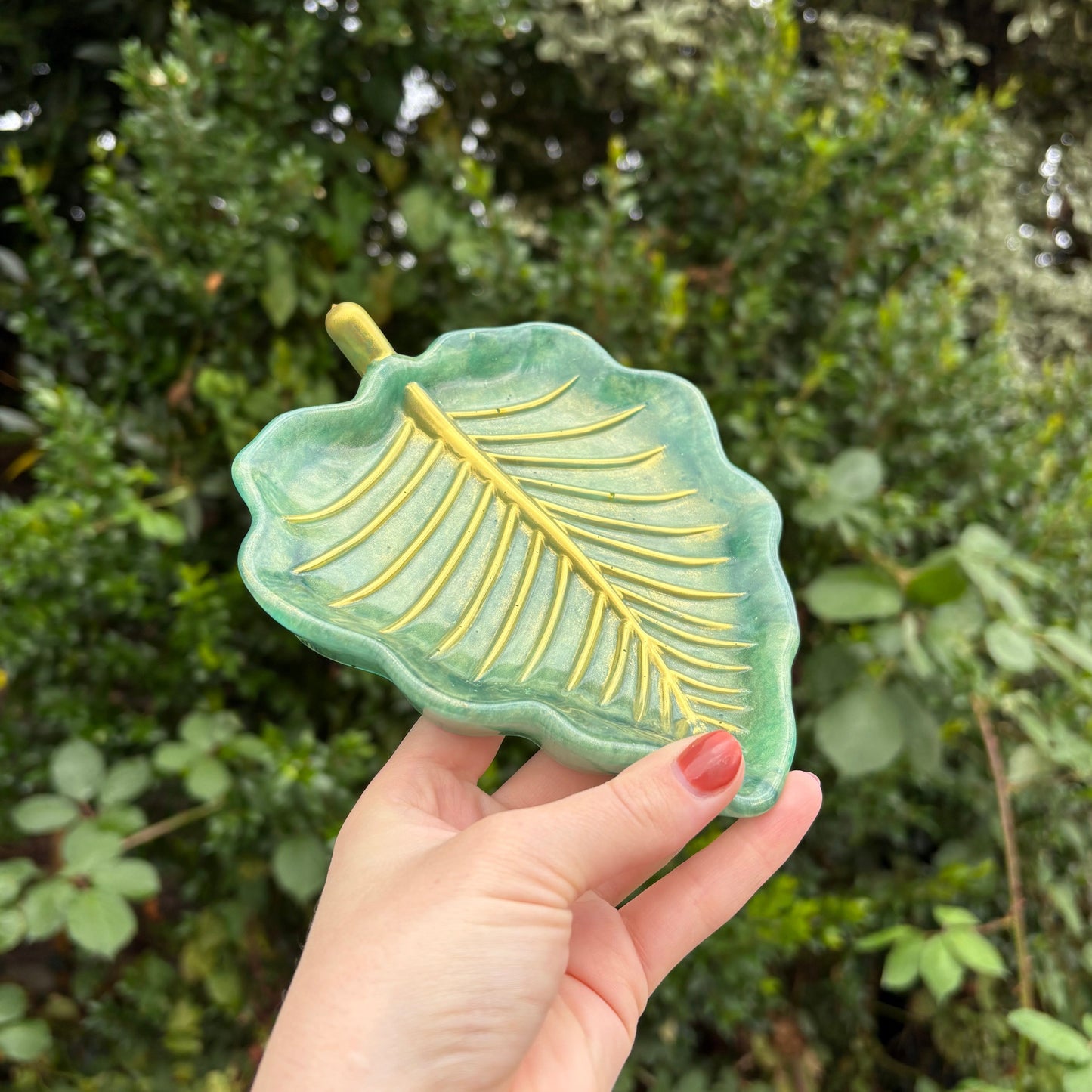Handmade green and gold leaf resin trinket dish
