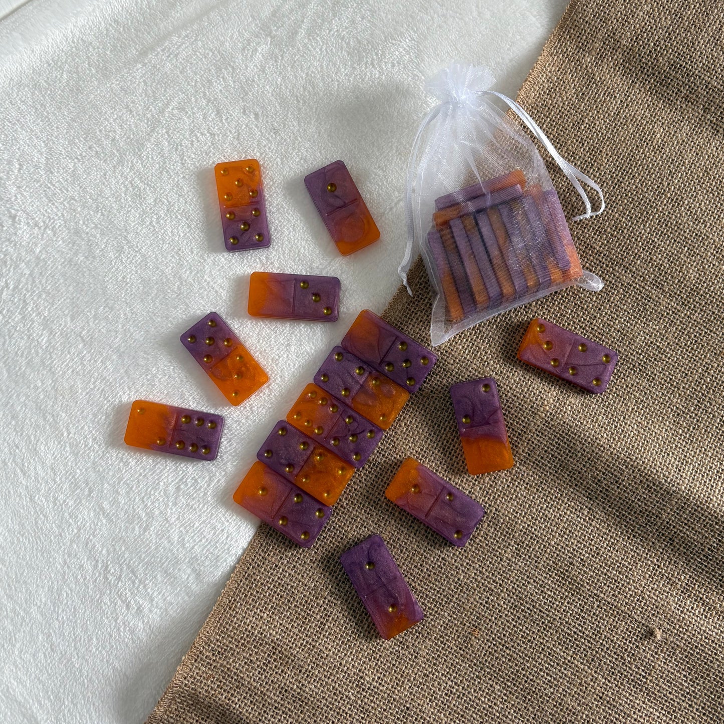 Handmade Halloween resin domino tiles, purple and orange design