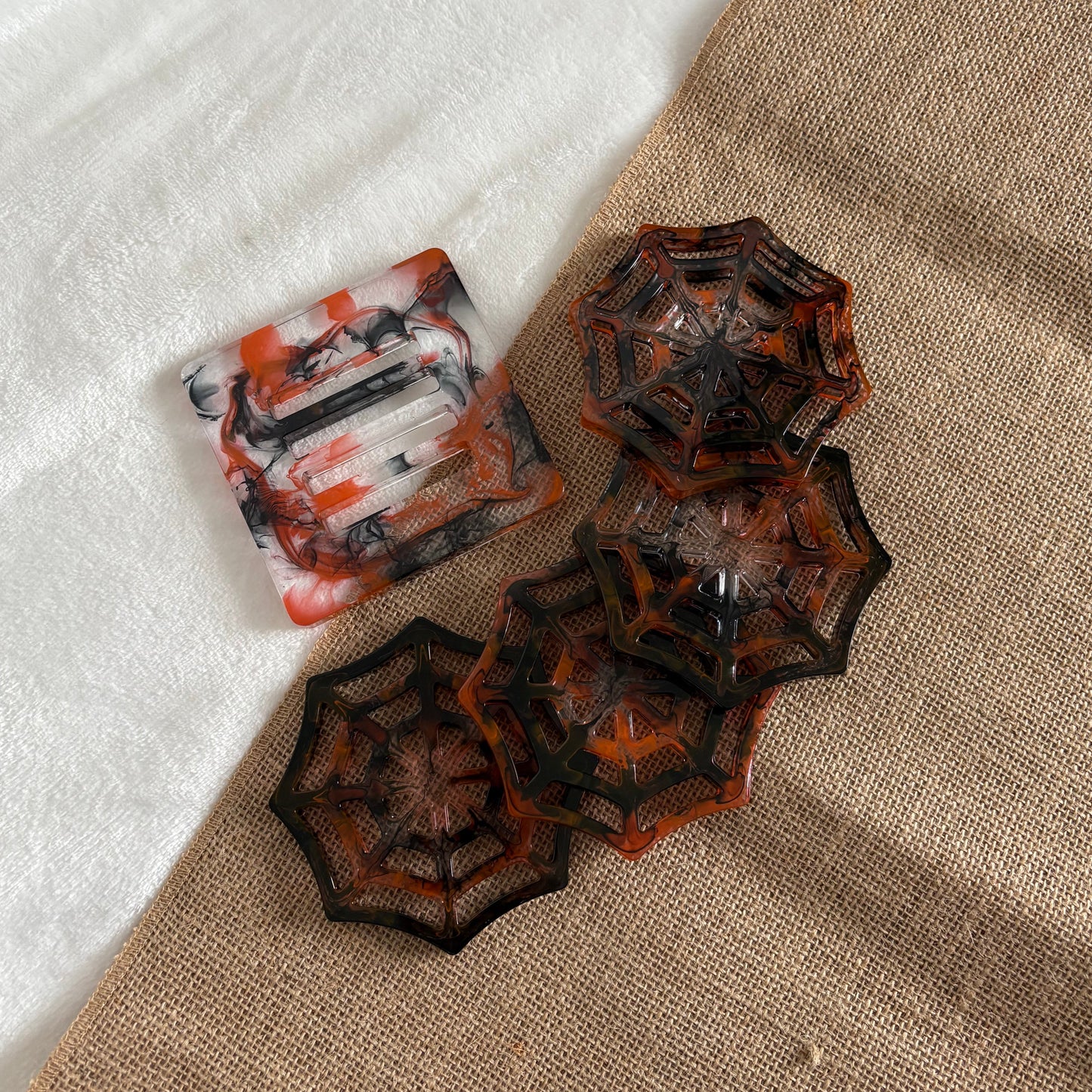 Halloween spider web resin drinks coasters, handmade set of four