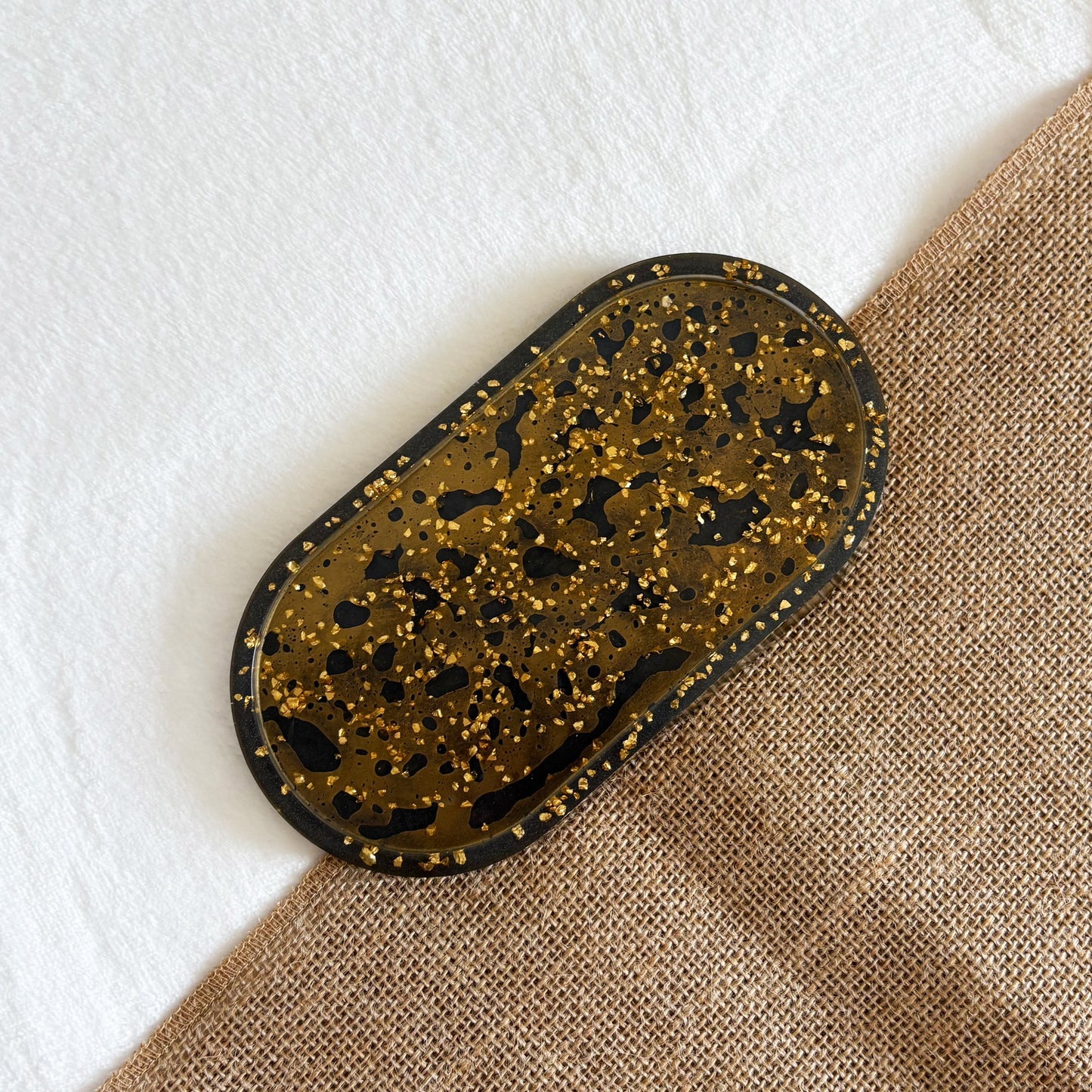 Black and gold marbled handmade resin bathroom tray