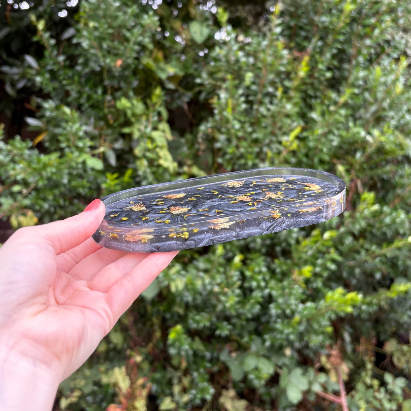 Black resin jewellery tray, handmade oval soap dish