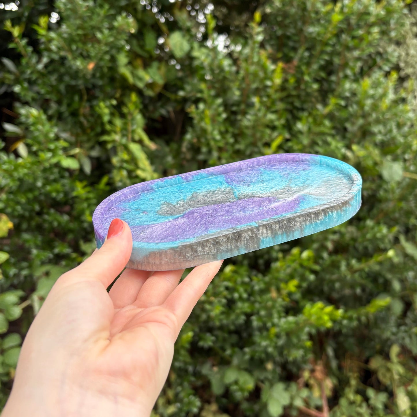 Blue and purple resin jewellery tray with marble effect