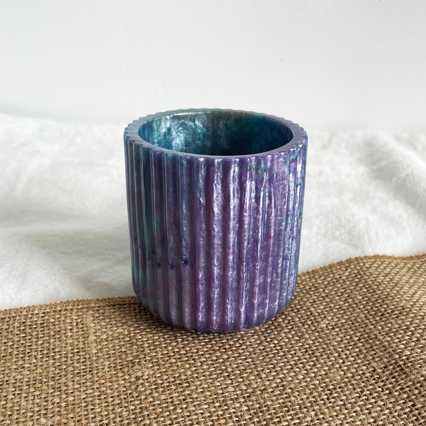 Handmade marble resin pen holder in blue and purple tones