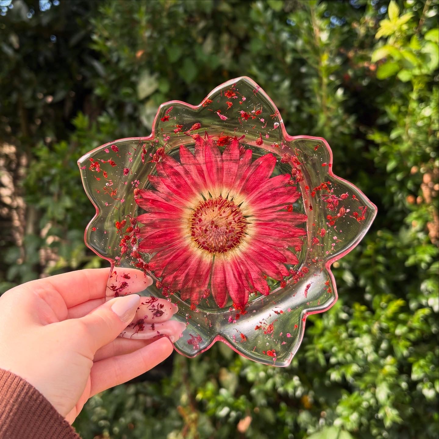 Handmade floral resin bowl with burgundy flower design