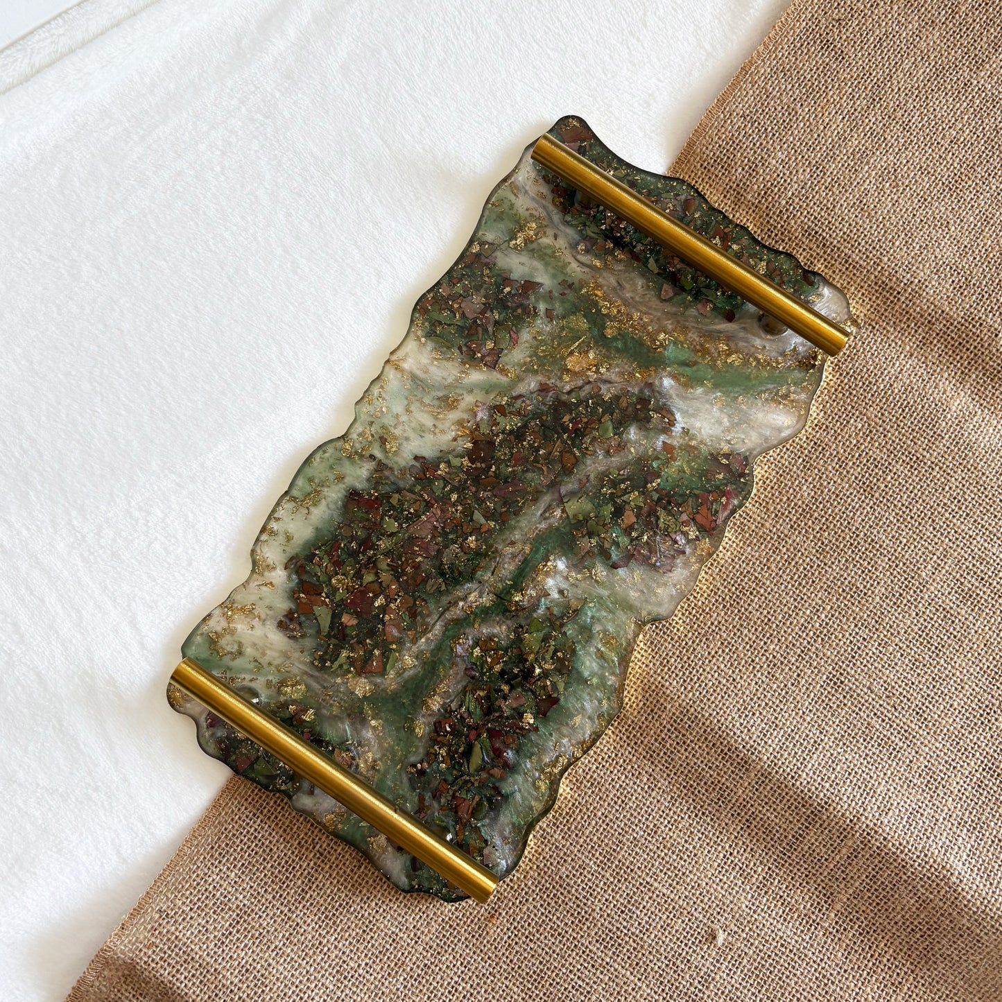 Handmade decorative resin tray, green and gold marble finish