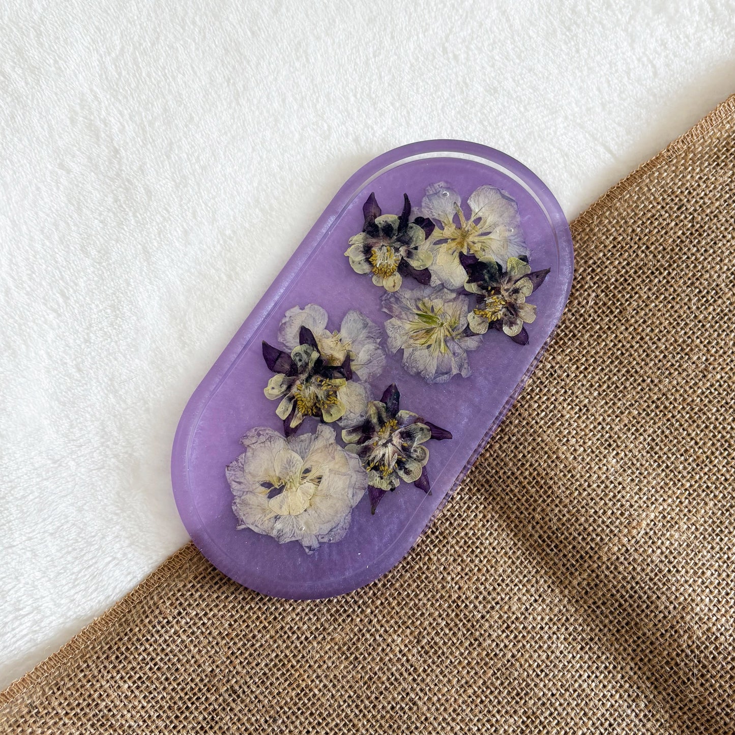 Handmade lilac resin oval dish for vanity or bathroom décor
