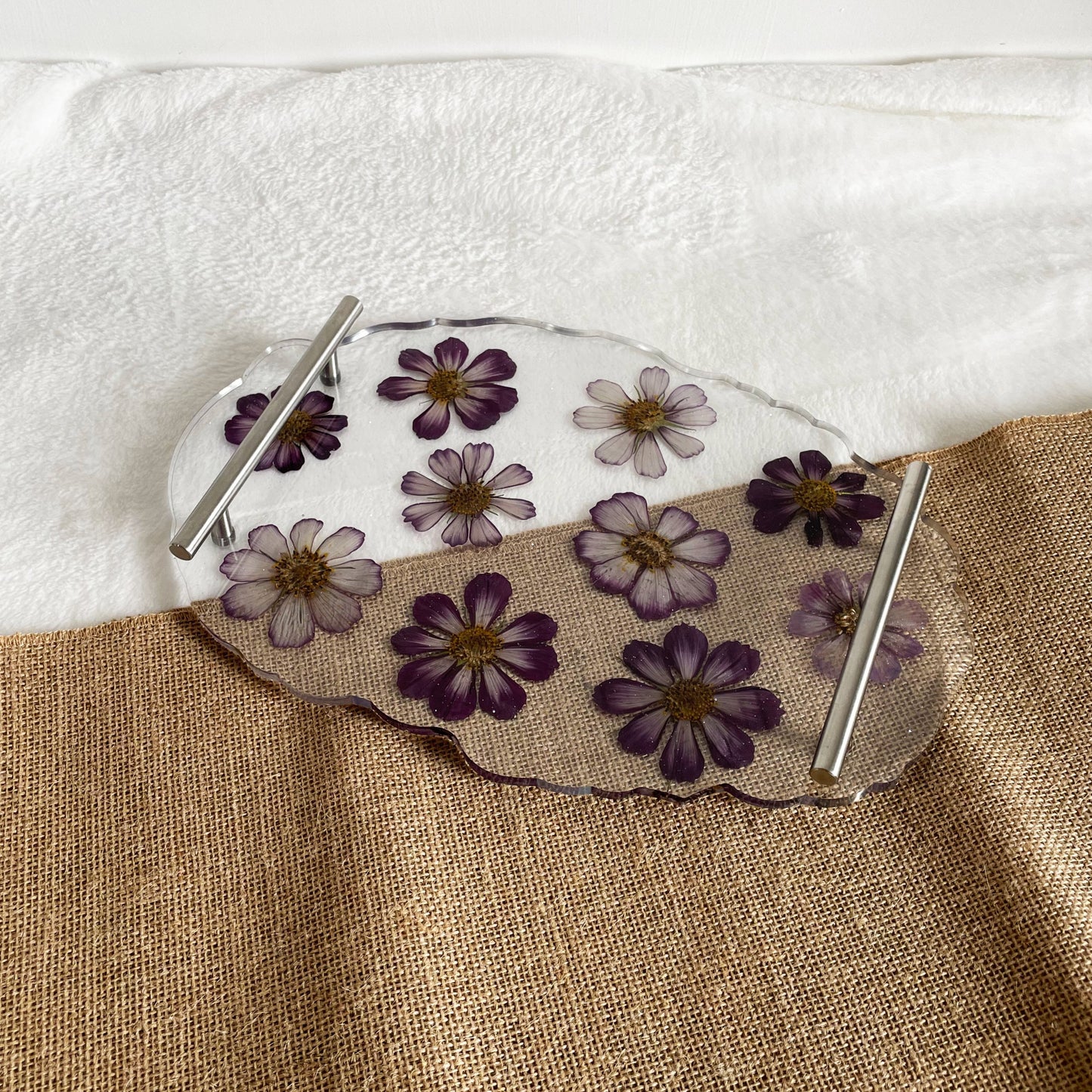 Clear resin tray with embedded flowers, handmade decorative serving tray