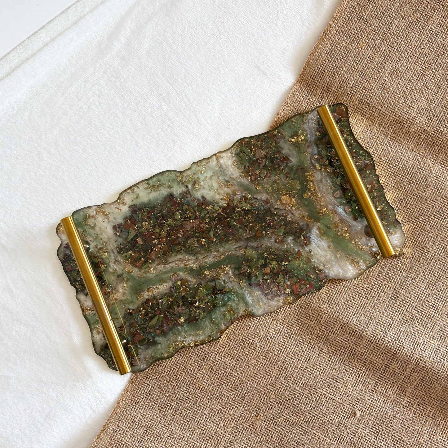 Green gold marble effect resin tray, handmade home accessory