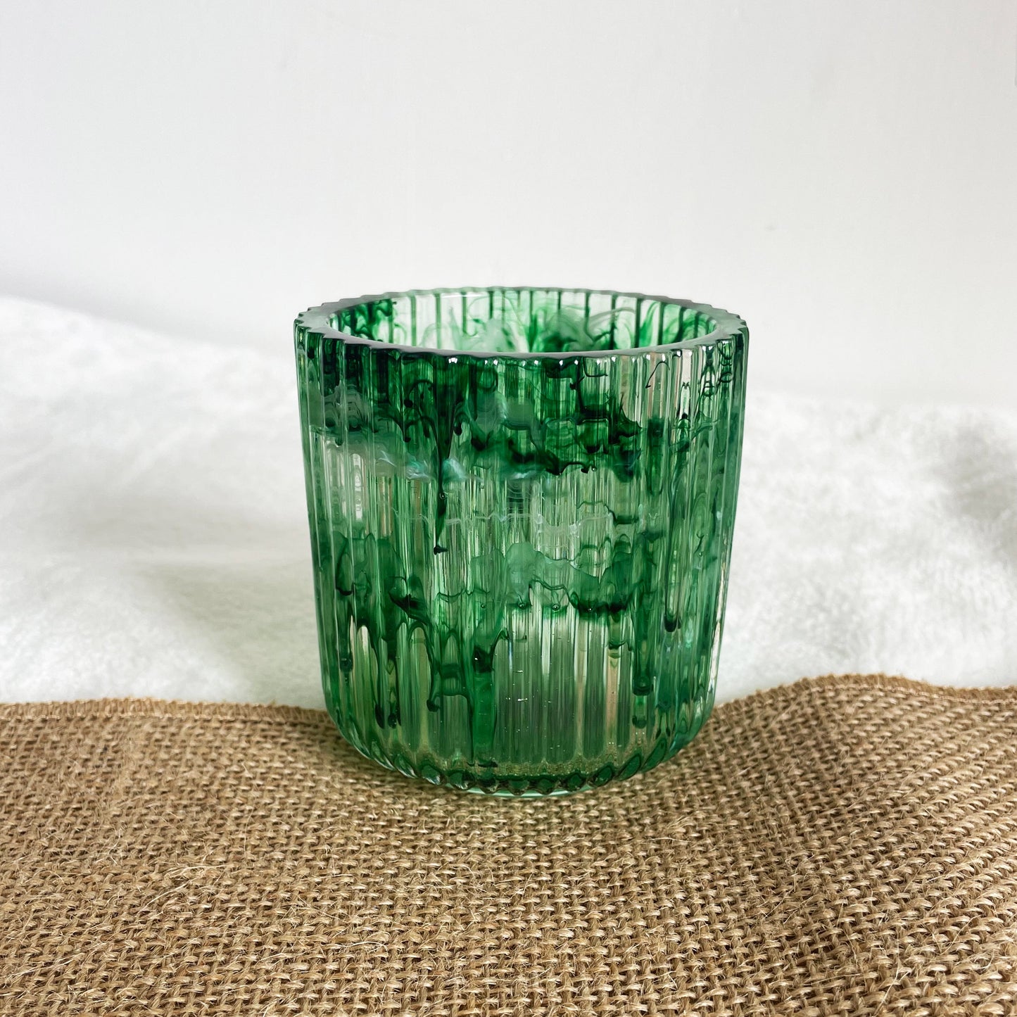 Green handmade resin pencil holder with marble effect