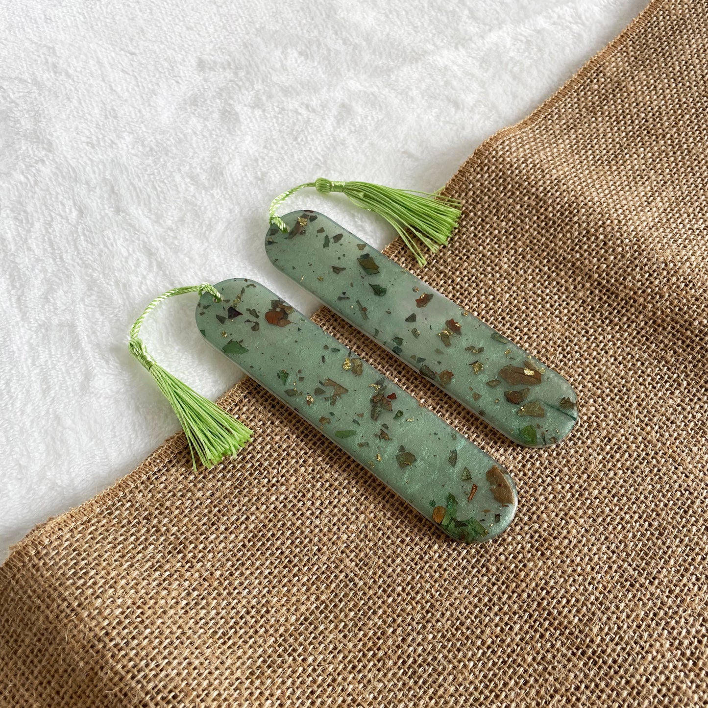 Lime green resin bookmark, embedded rose petals, artisan handmade décor