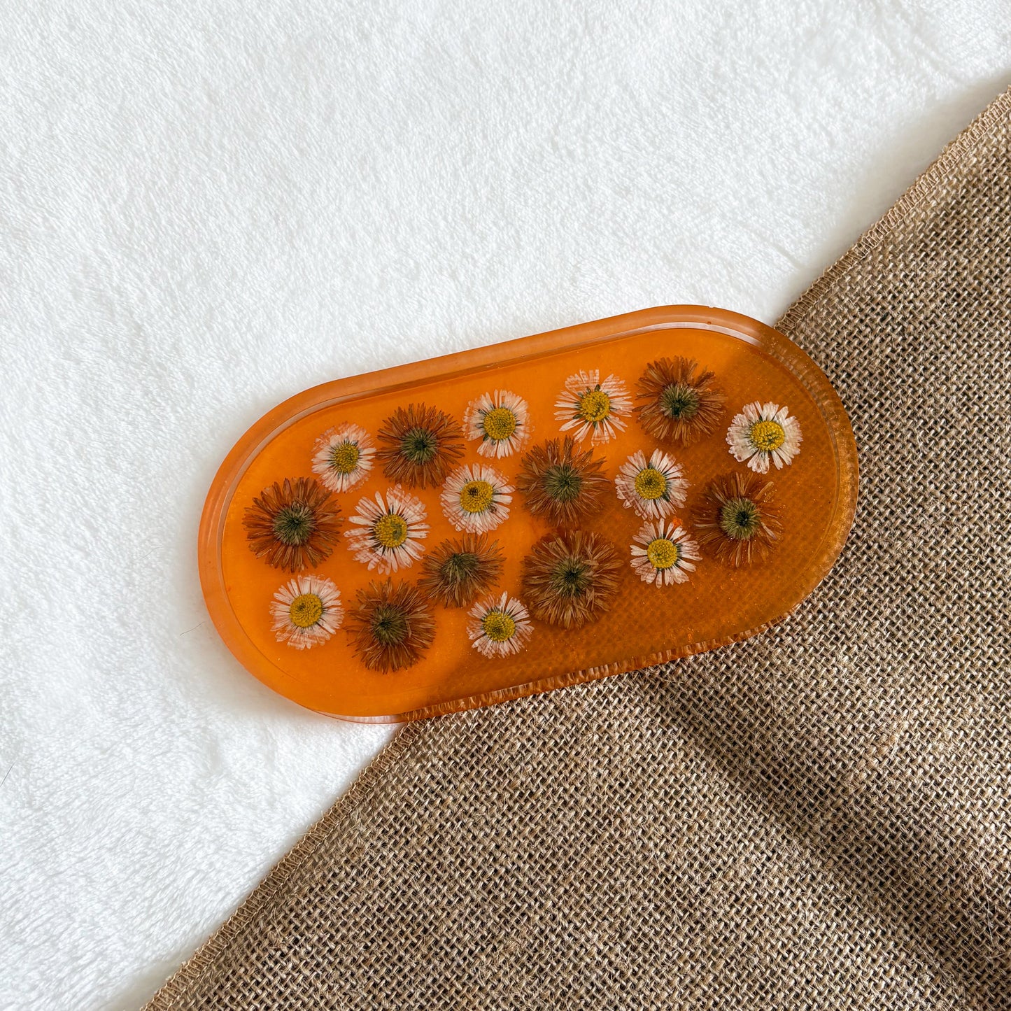 Resin jewellery holder, orange with floral details, handmade