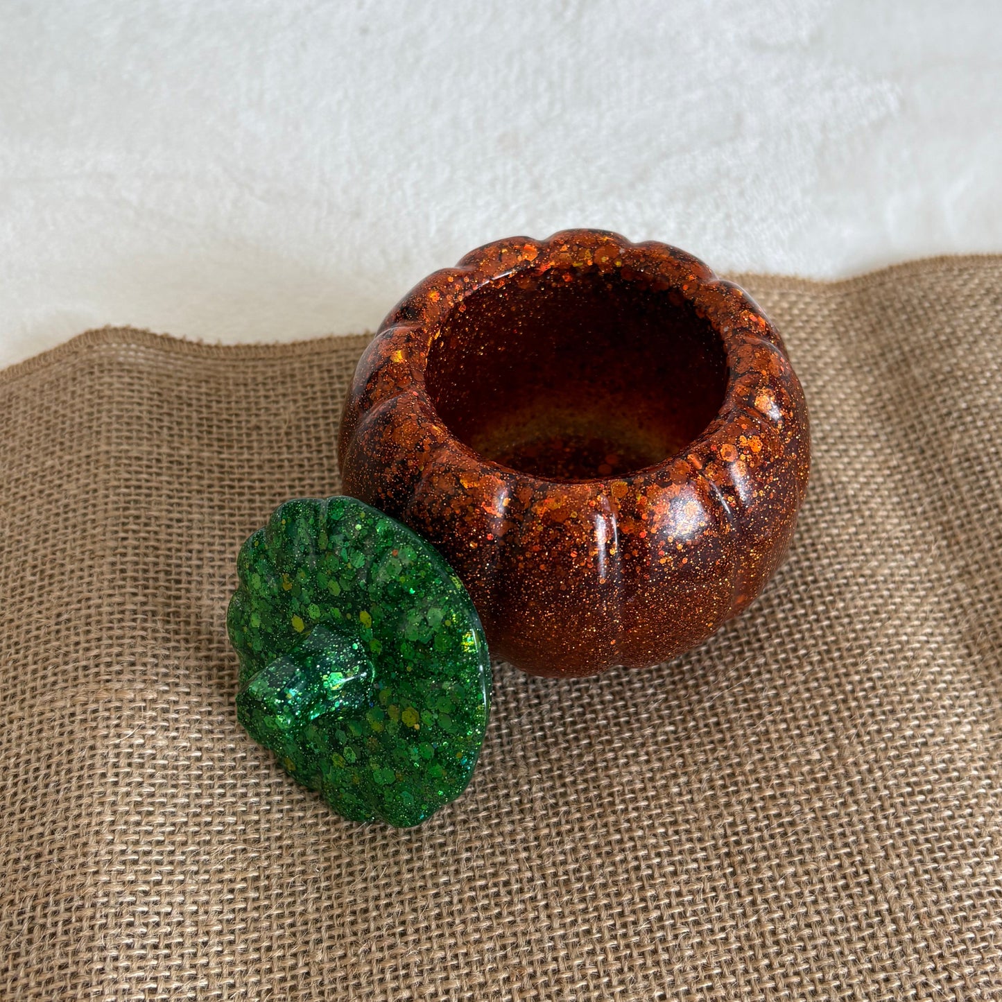 Handmade resin pumpkin dish, orange glitter tealight holder