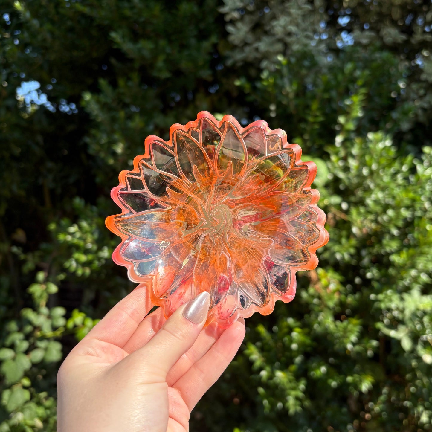 Handmade floral resin bowl with orange and peach tones