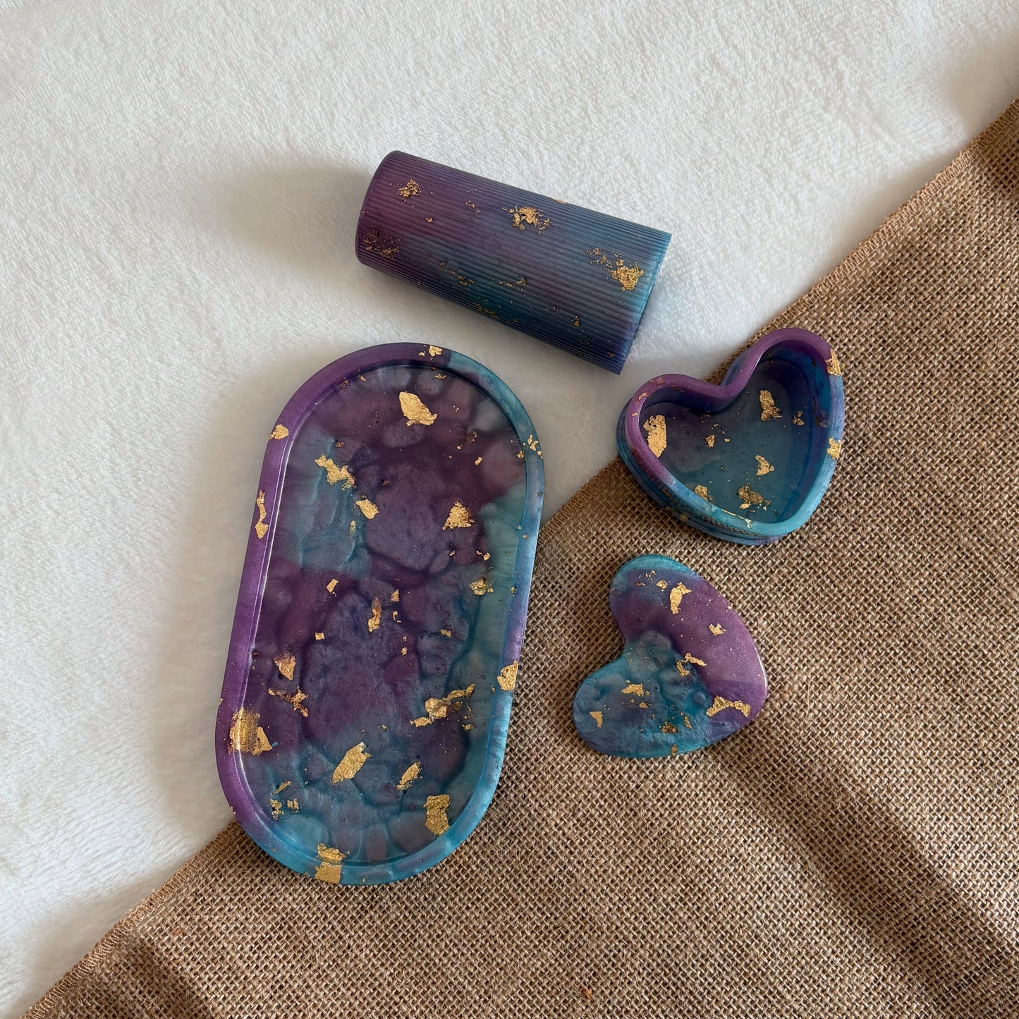 Purple blue marble resin décor set, handmade trinket dish and vase