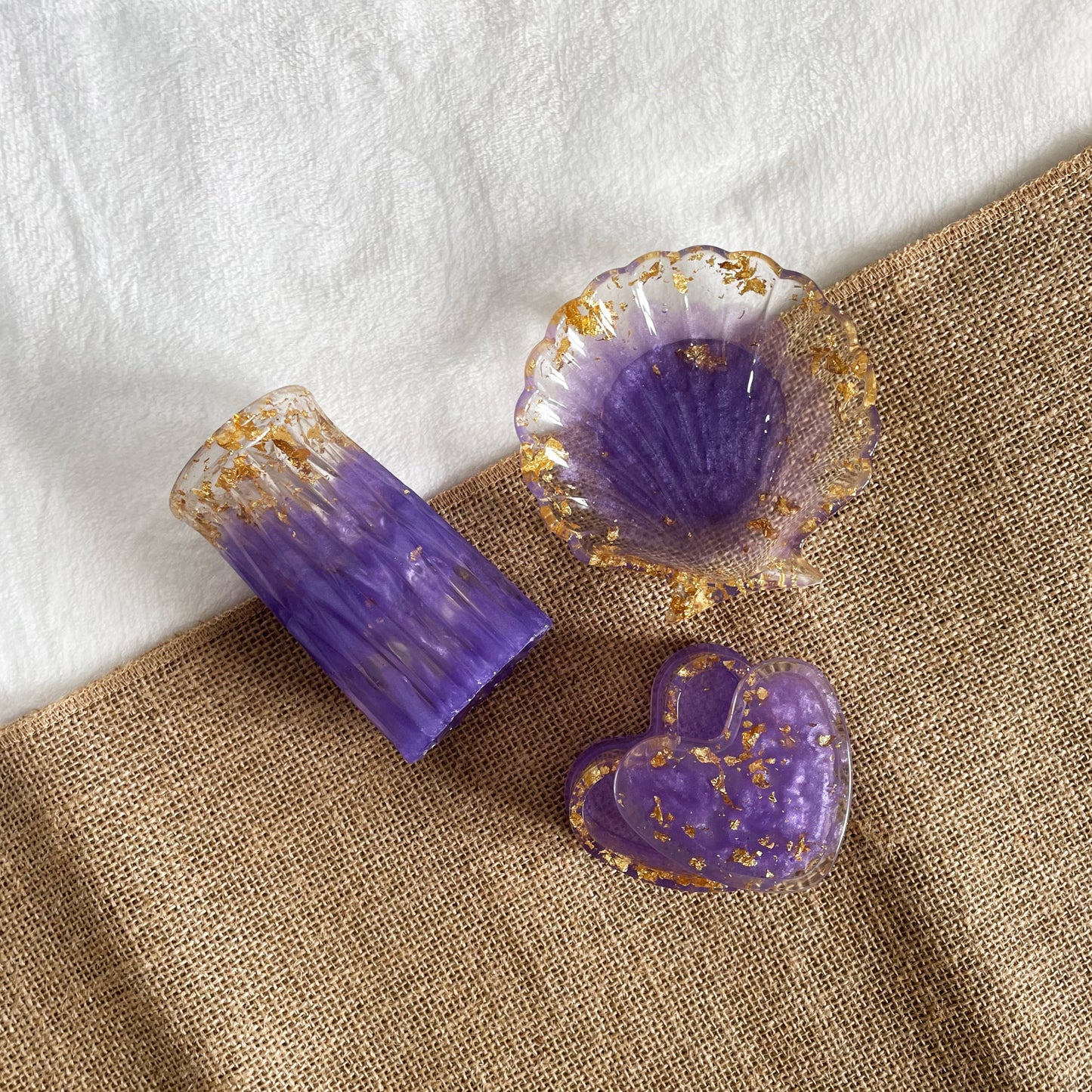 Purple gold marble resin décor set, handmade trinket dish and vase