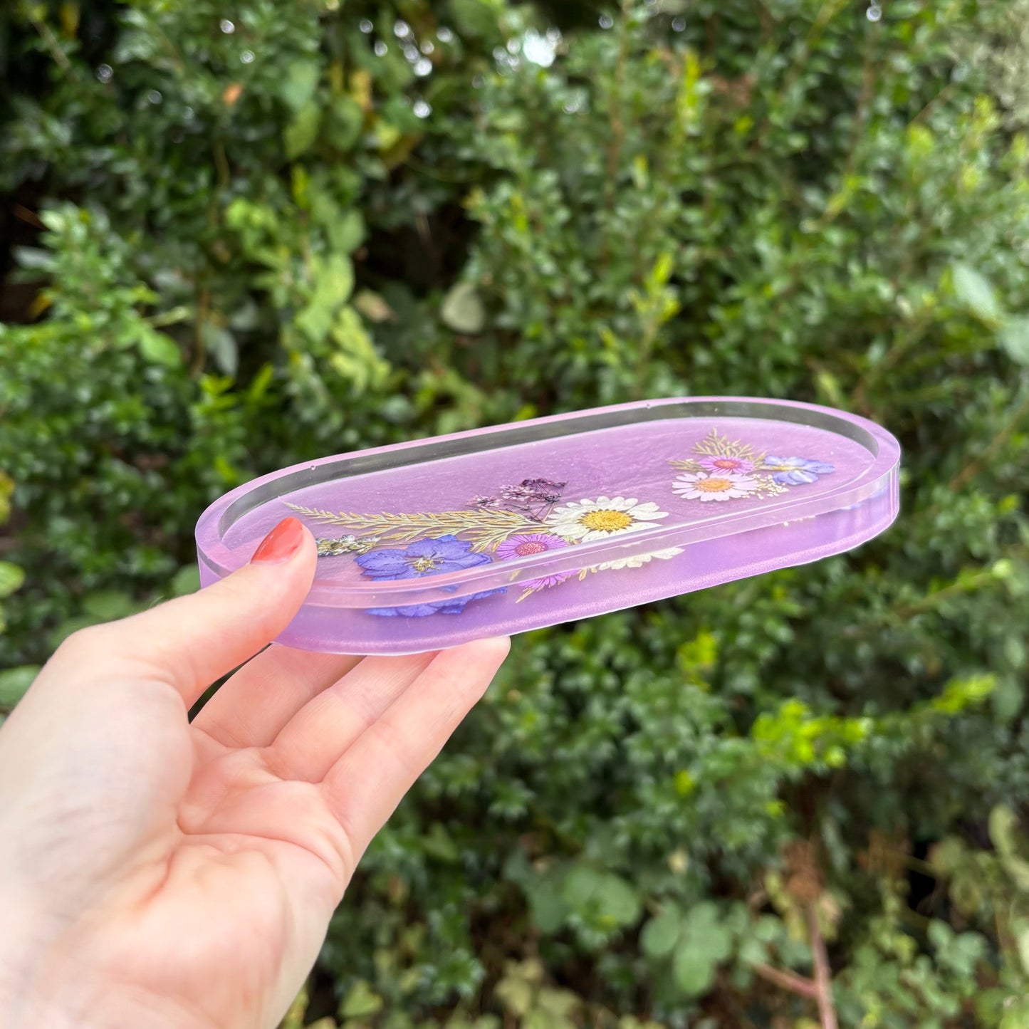 Purple resin jewellery tray with real floral accents