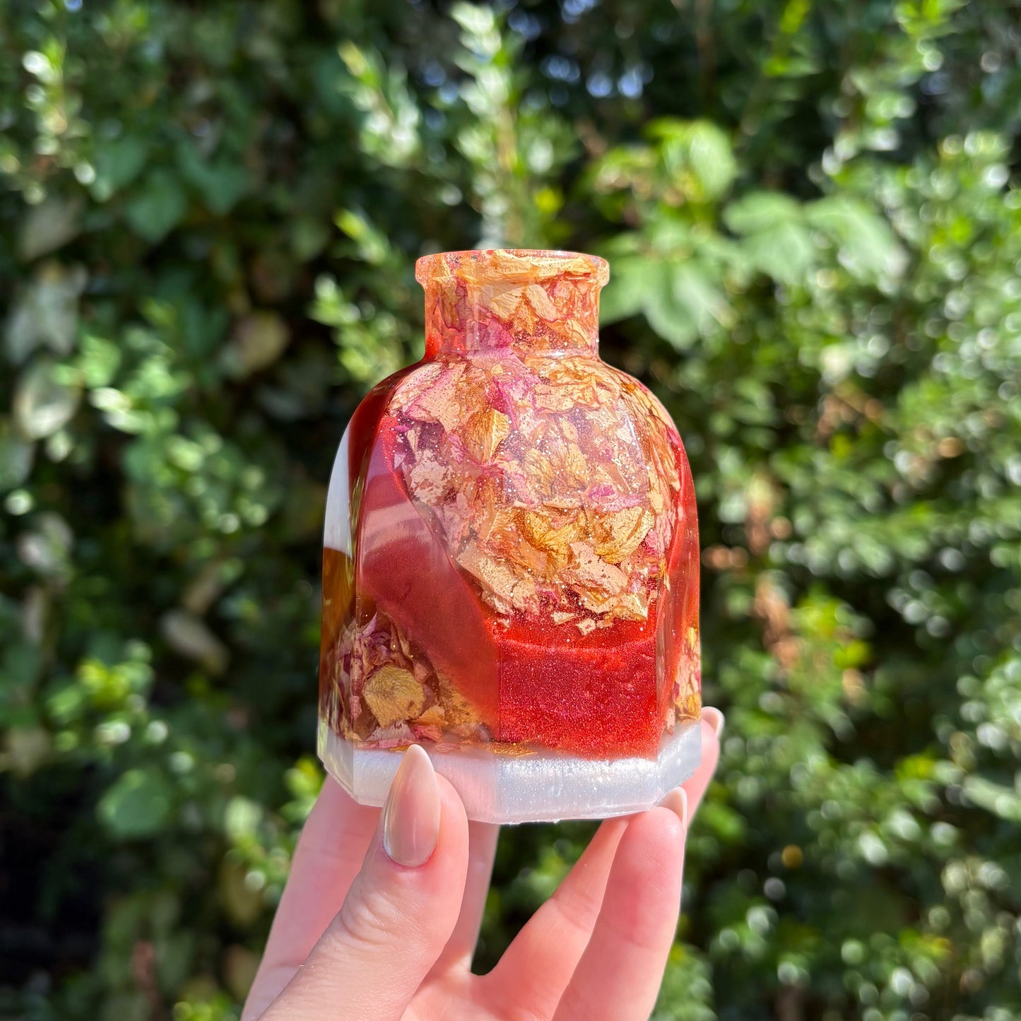 Red and gold glitter resin flower vase handmade