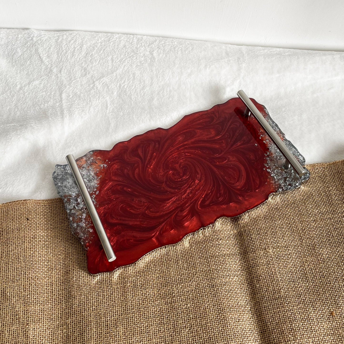 Red and silver marble resin tray, handmade artisan serving tray