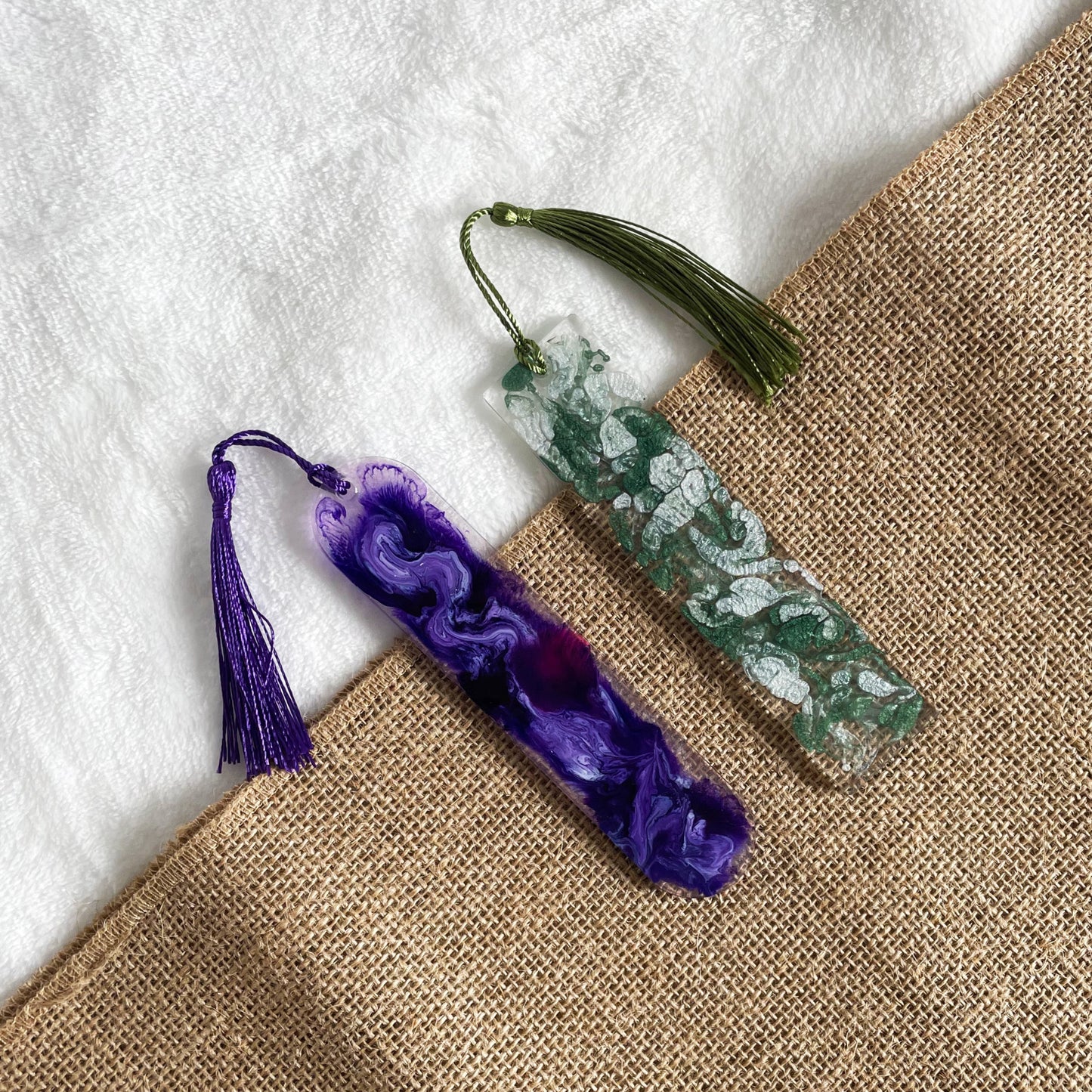 Purple green white resin bookmark, marble design, artisan handmade décor