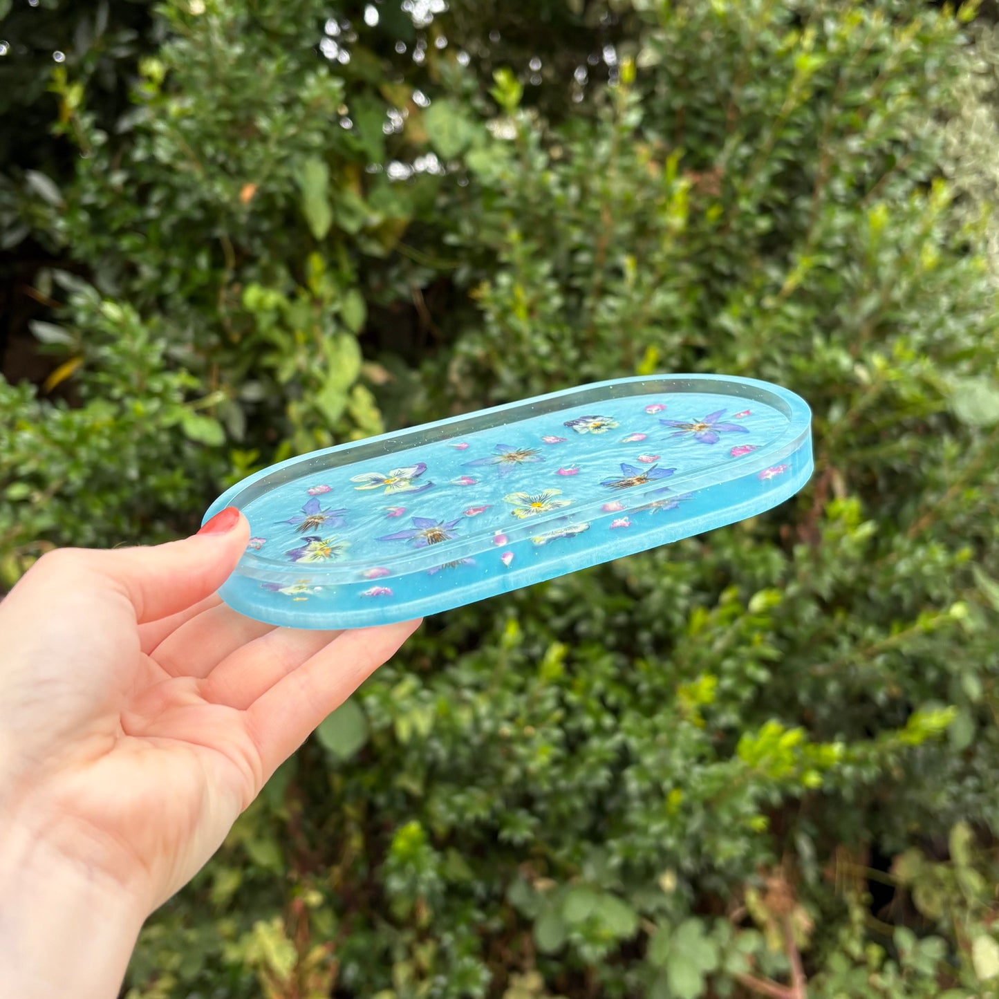 Sky blue resin jewellery tray with delicate floral accents