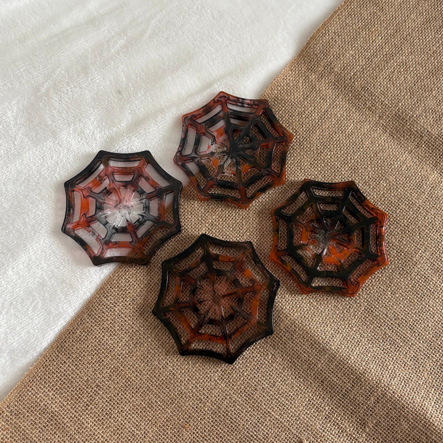 Resin Halloween coaster set with matching stand, spider web pattern