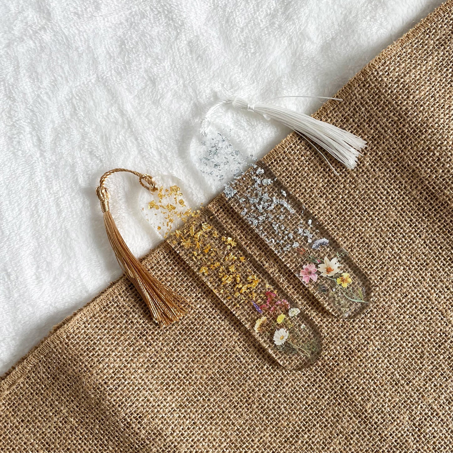 Clear resin floral bookmark with metallic gold and silver leaf, handmade reading accessory