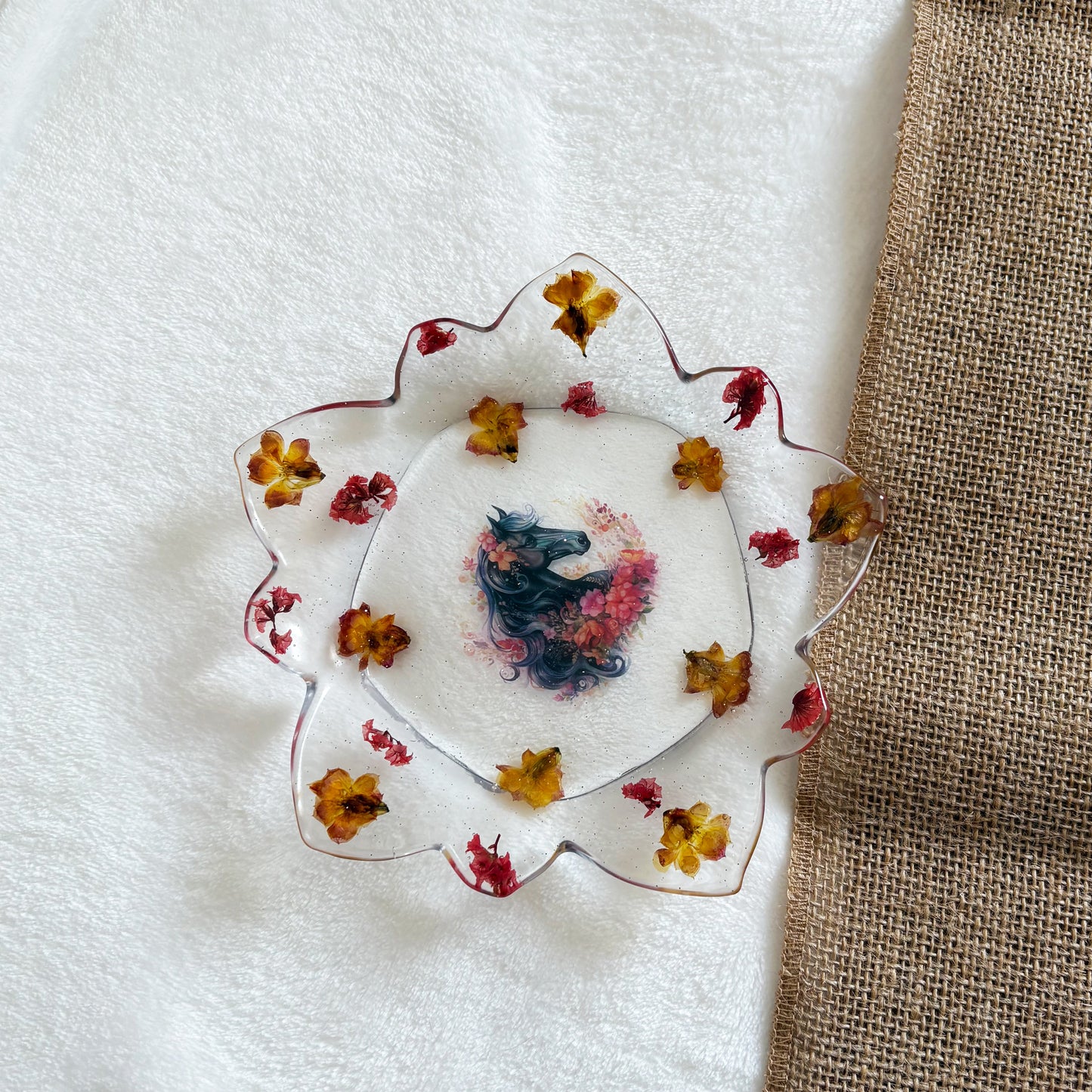 Handmade resin trinket bowl with dried flowers and horse design