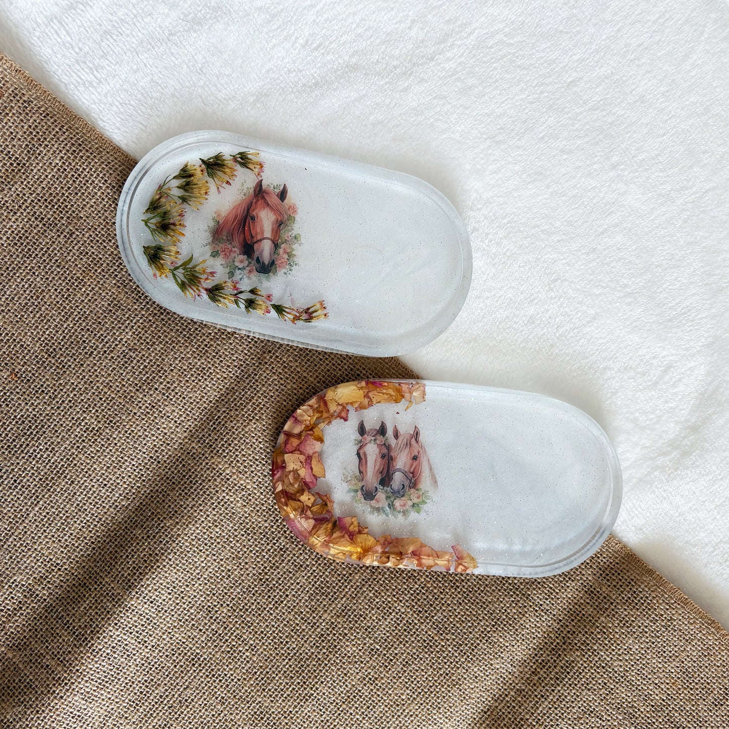 White resin jewellery tray with horse detail, handmade