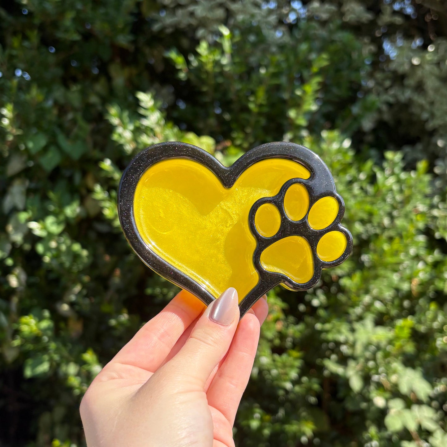 Handmade yellow and black dog paw resin dish tray