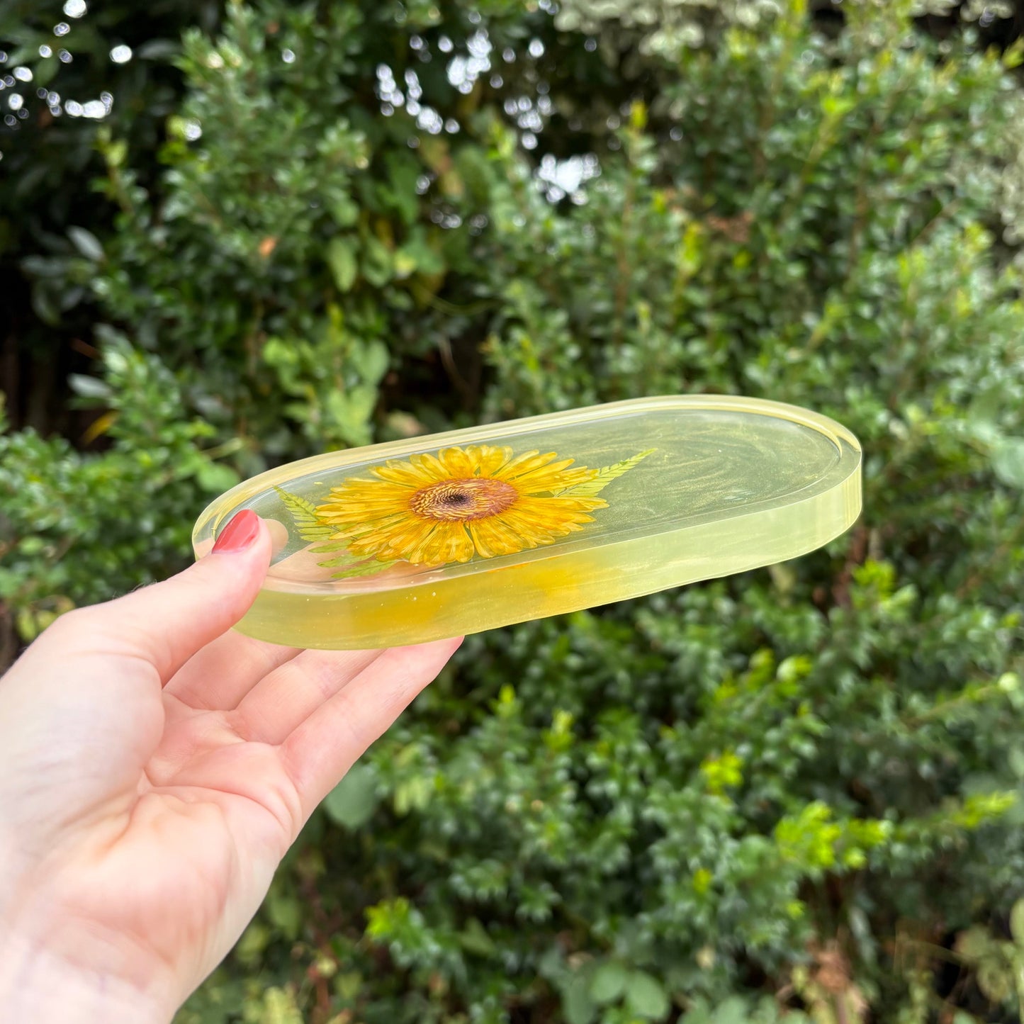 Handmade yellow resin jewellery tray with translucent finish