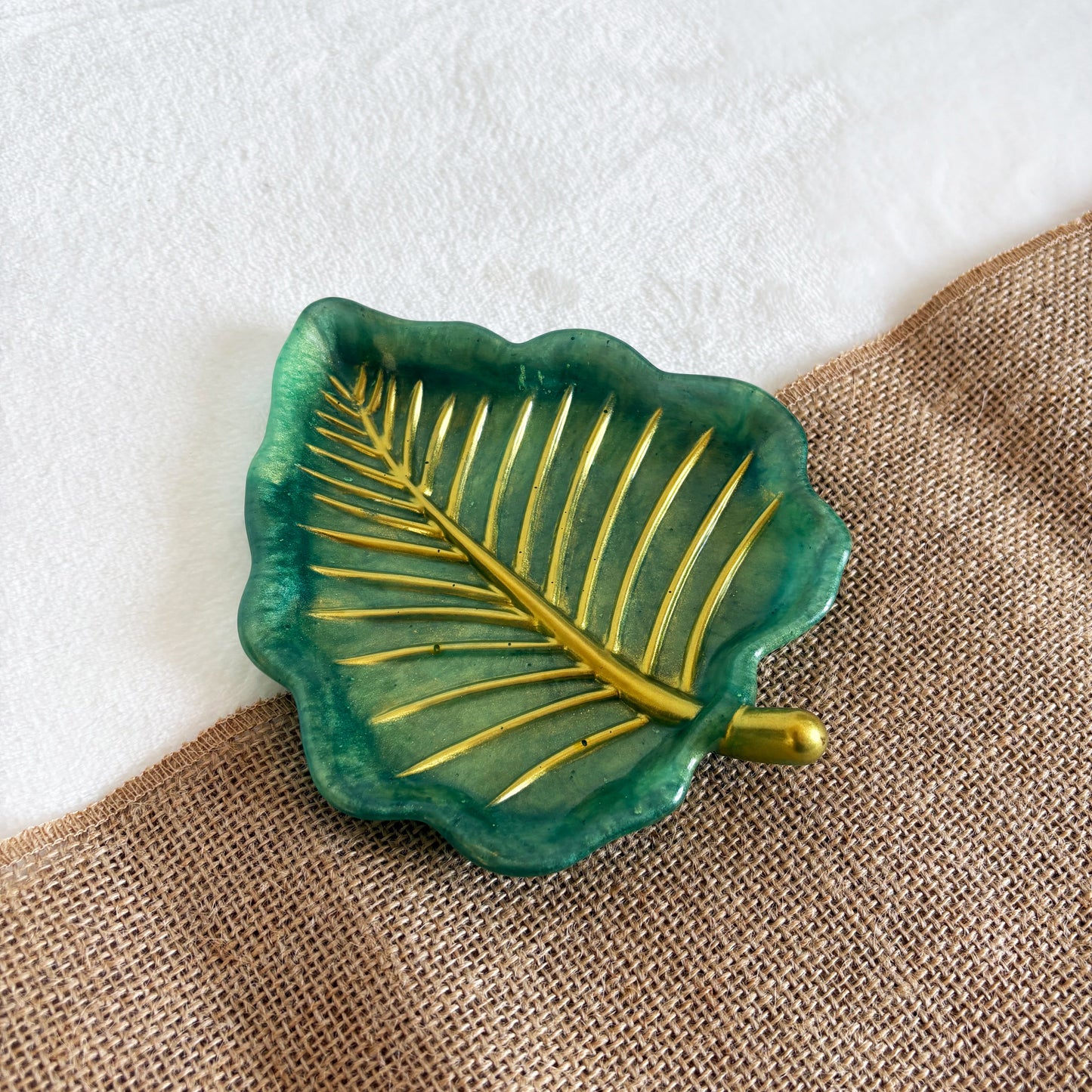 Leaf-shaped green and gold resin trinket dish handmade