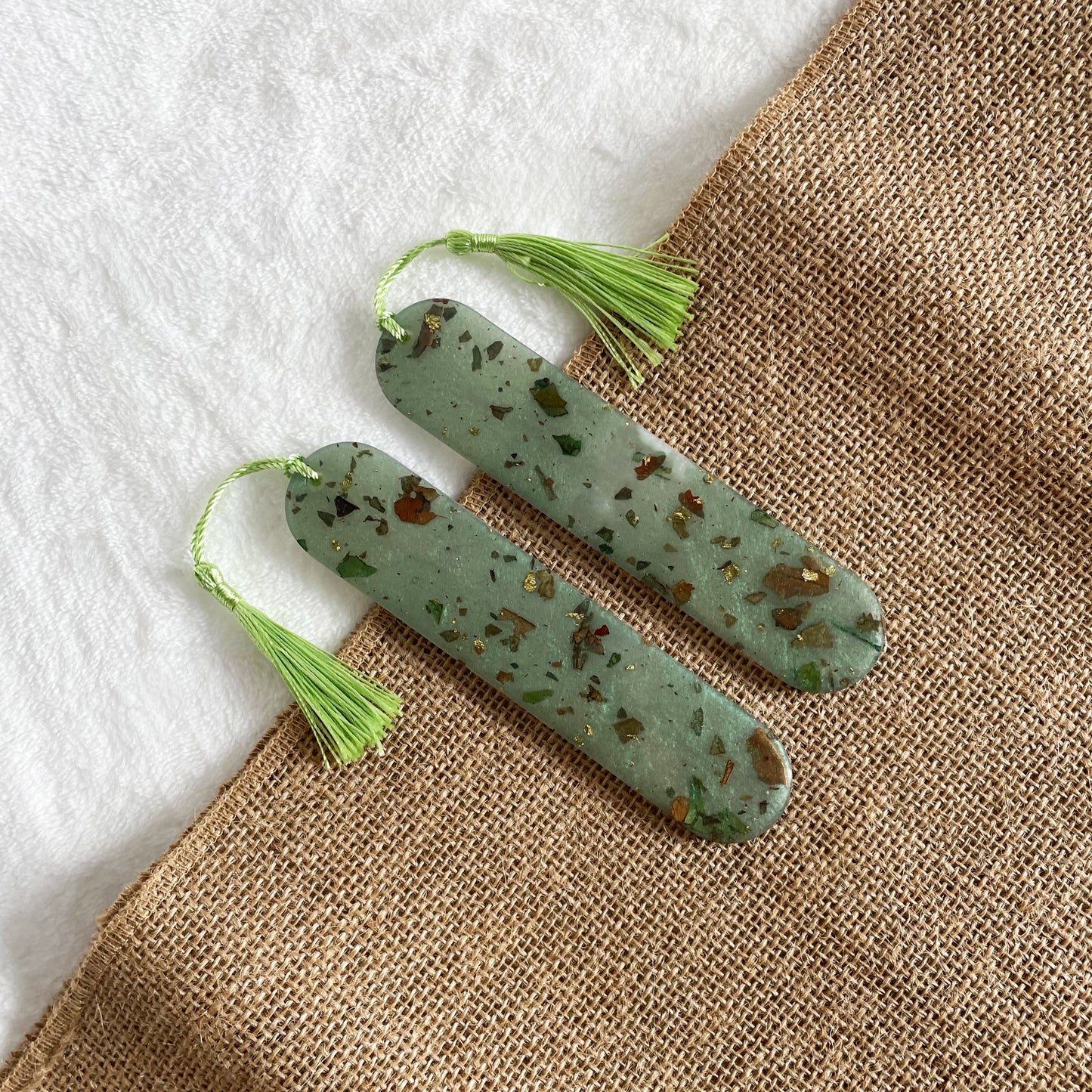 Bright green handmade resin bookmark with real flowers, unique handmade accessory