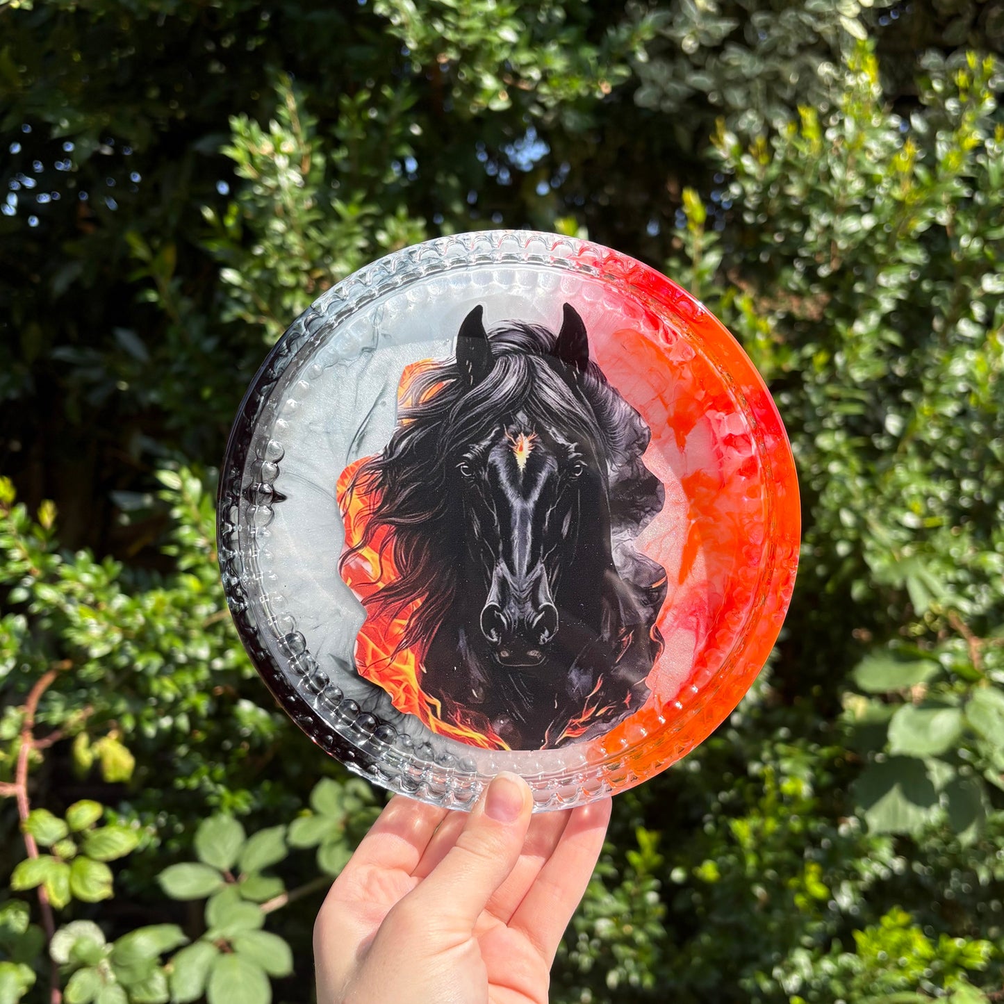 Round marble resin tray with horse detail handmade