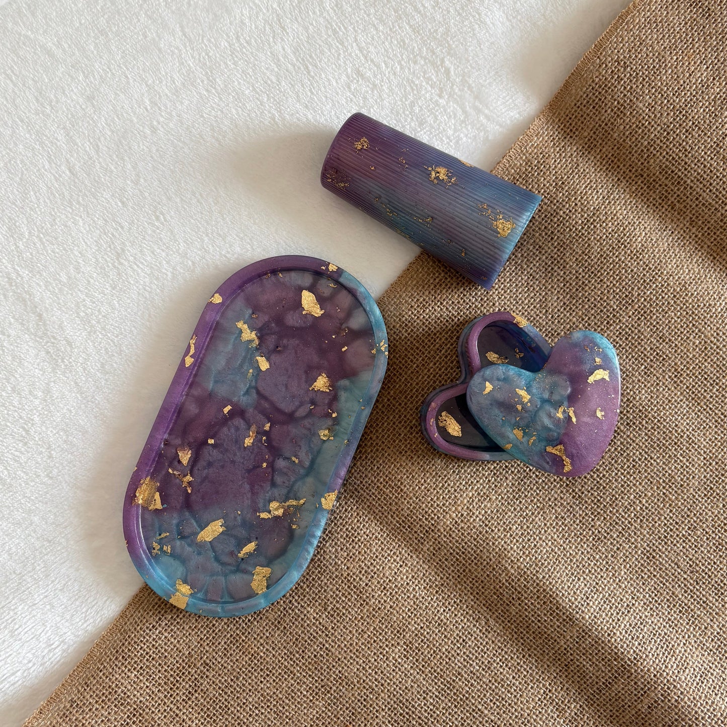 Handmade resin tray and vase set with purple and blue marbling