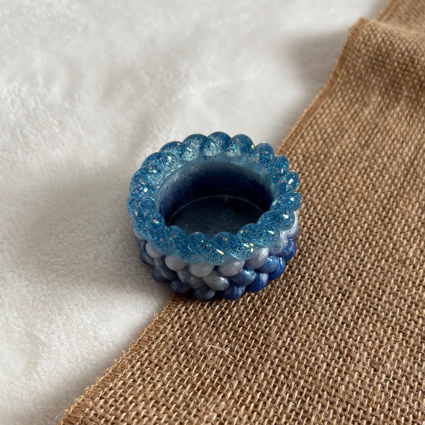 Blue and white handmade resin tealight holder textured finish