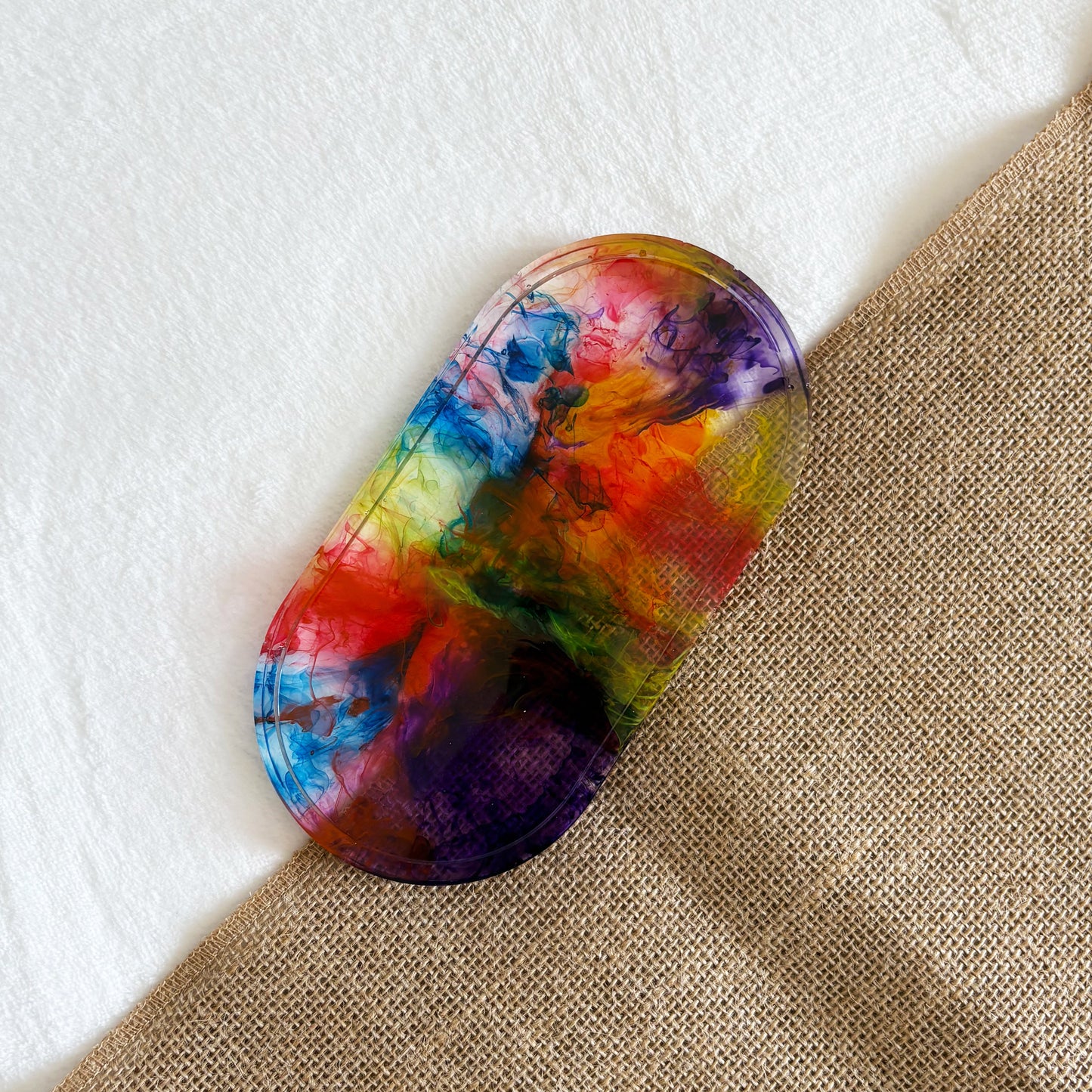 Handmade transparent resin soap holder with bright marble ink detail