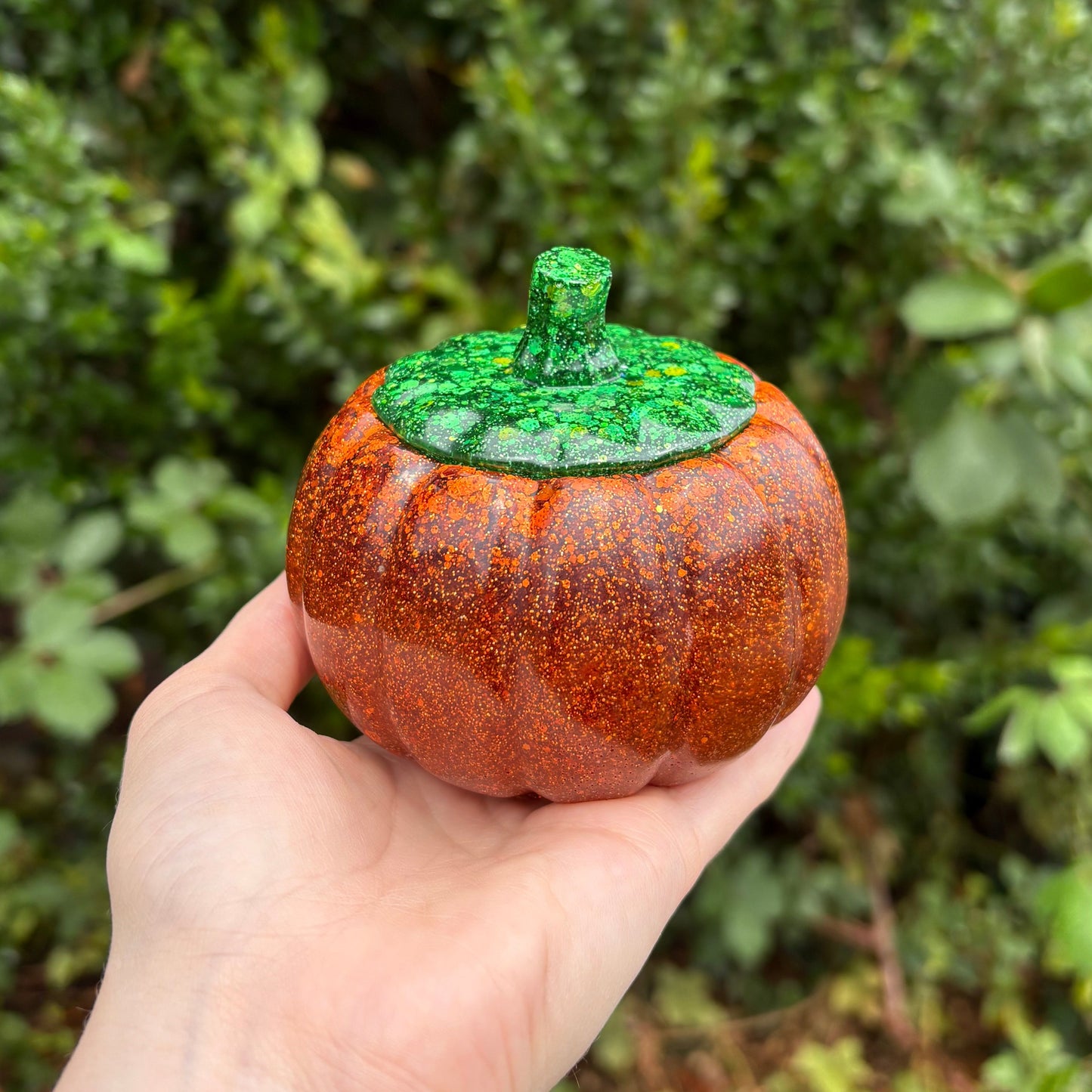 Handmade orange glitter pumpkin resin trinket dish and tealight holder