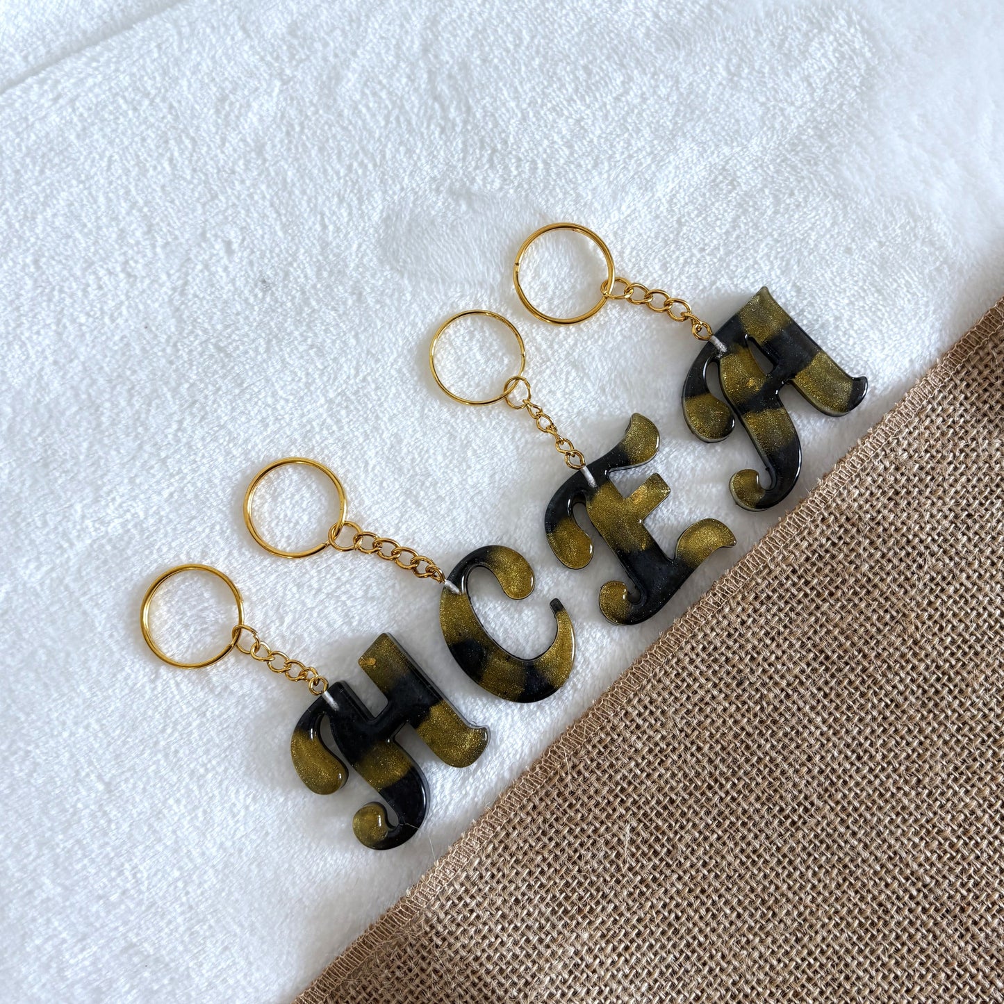 Personalised resin letter keychain, black and gold handmade accessory