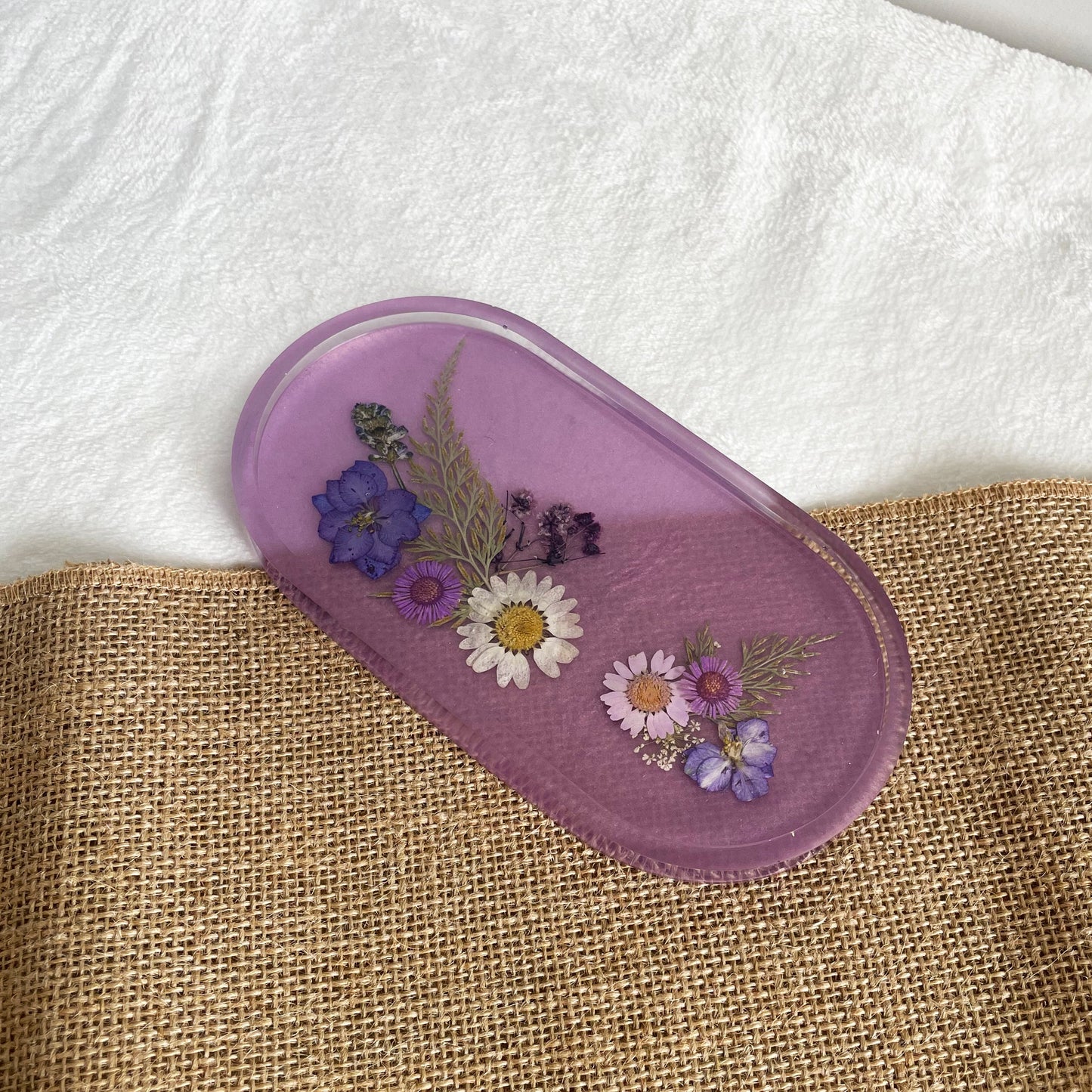 Handmade oval resin soap dish in purple with flowers