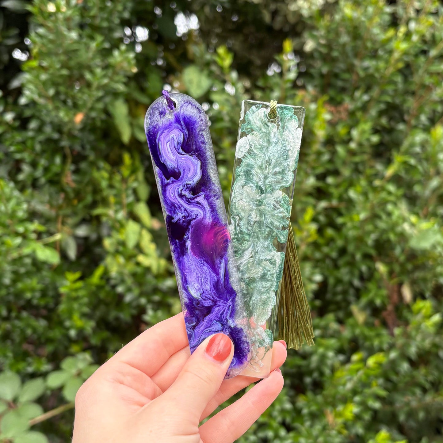 Handmade purple green and white marble resin bookmark, unique handmade gift